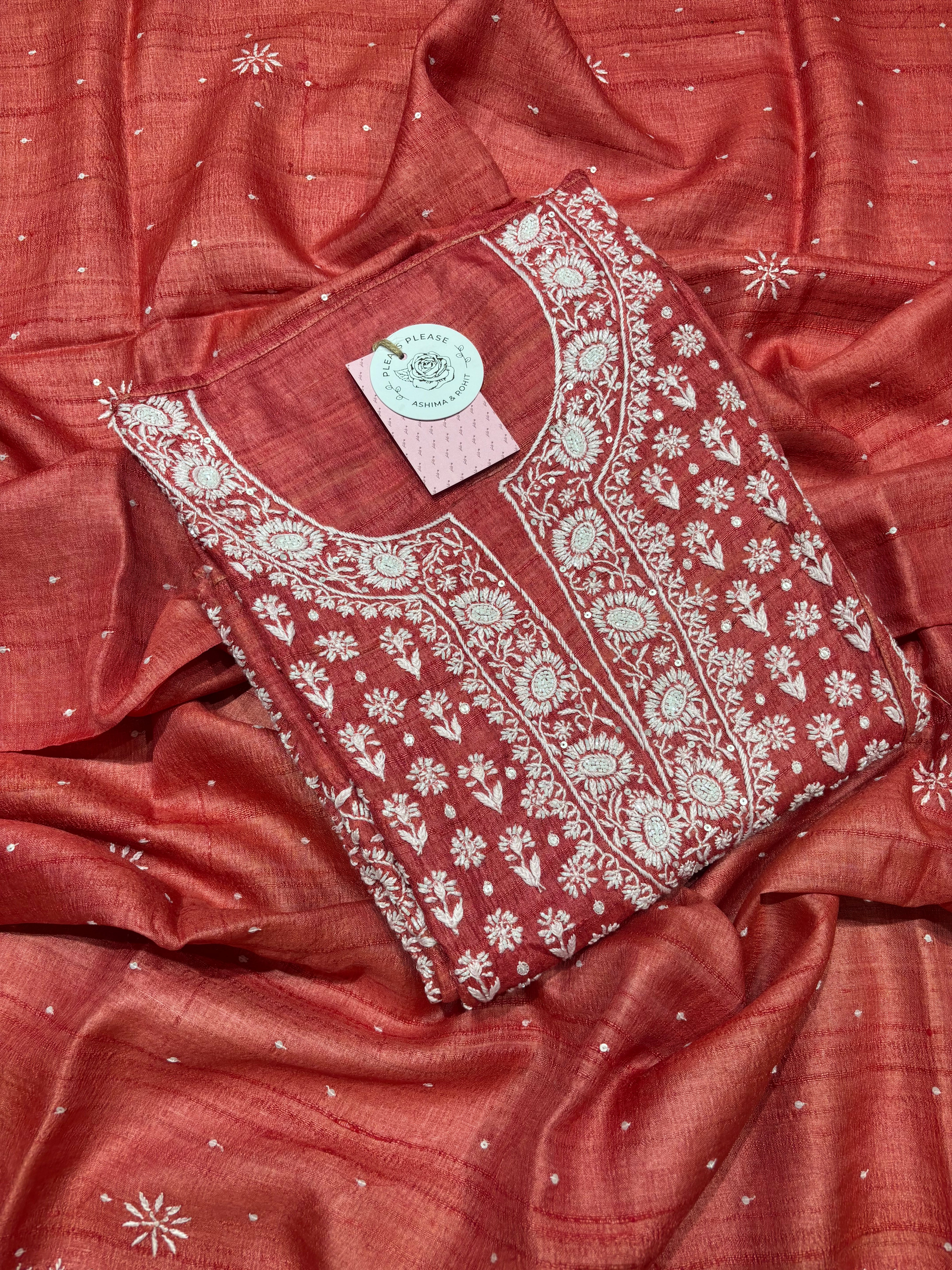 Red Pure & Premium Tussar Silk Chikankari Kurta & Dupatta Set