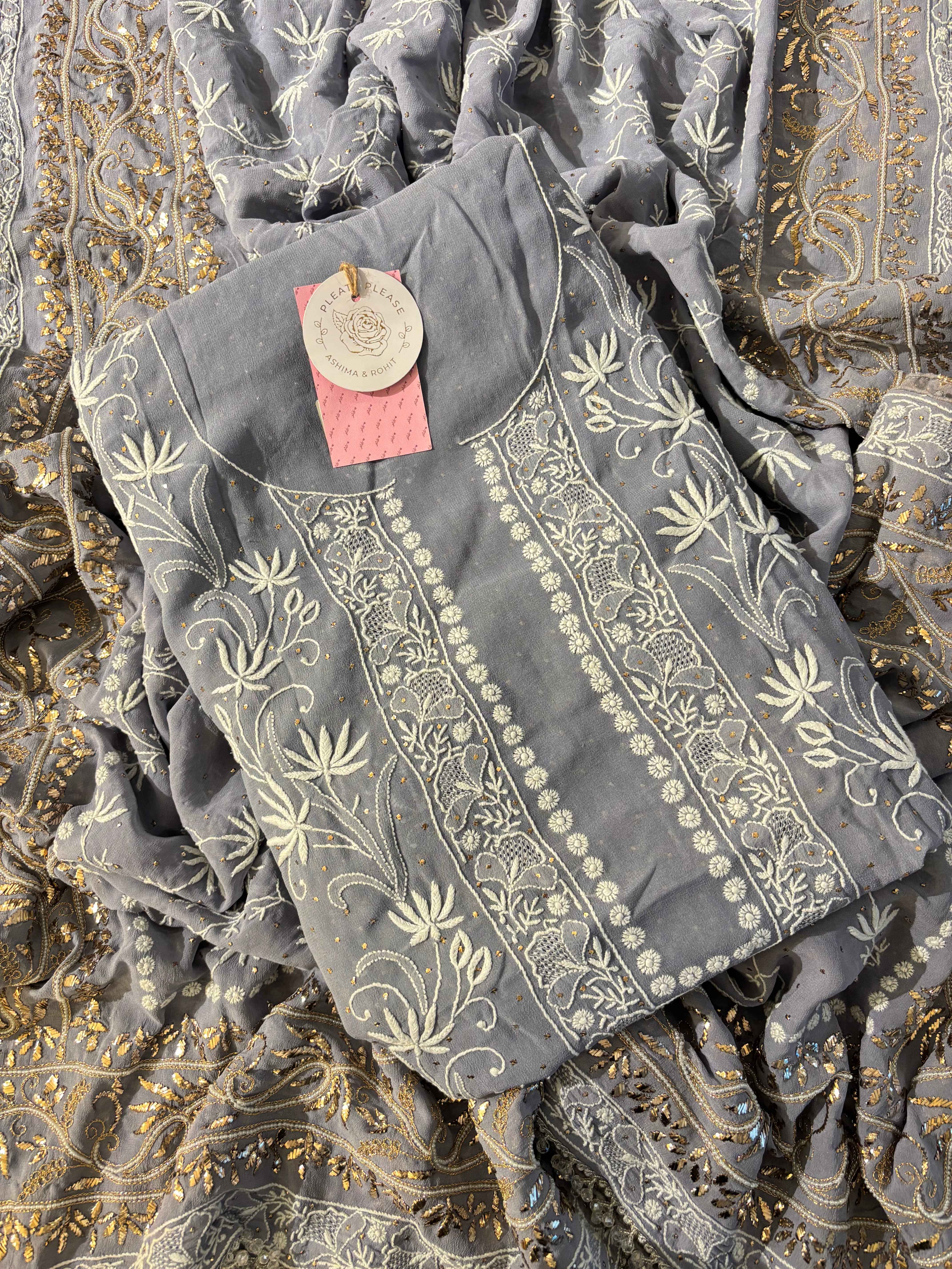 Greyish Powder Blue Georgette Chikankari Kurta & Dupatta