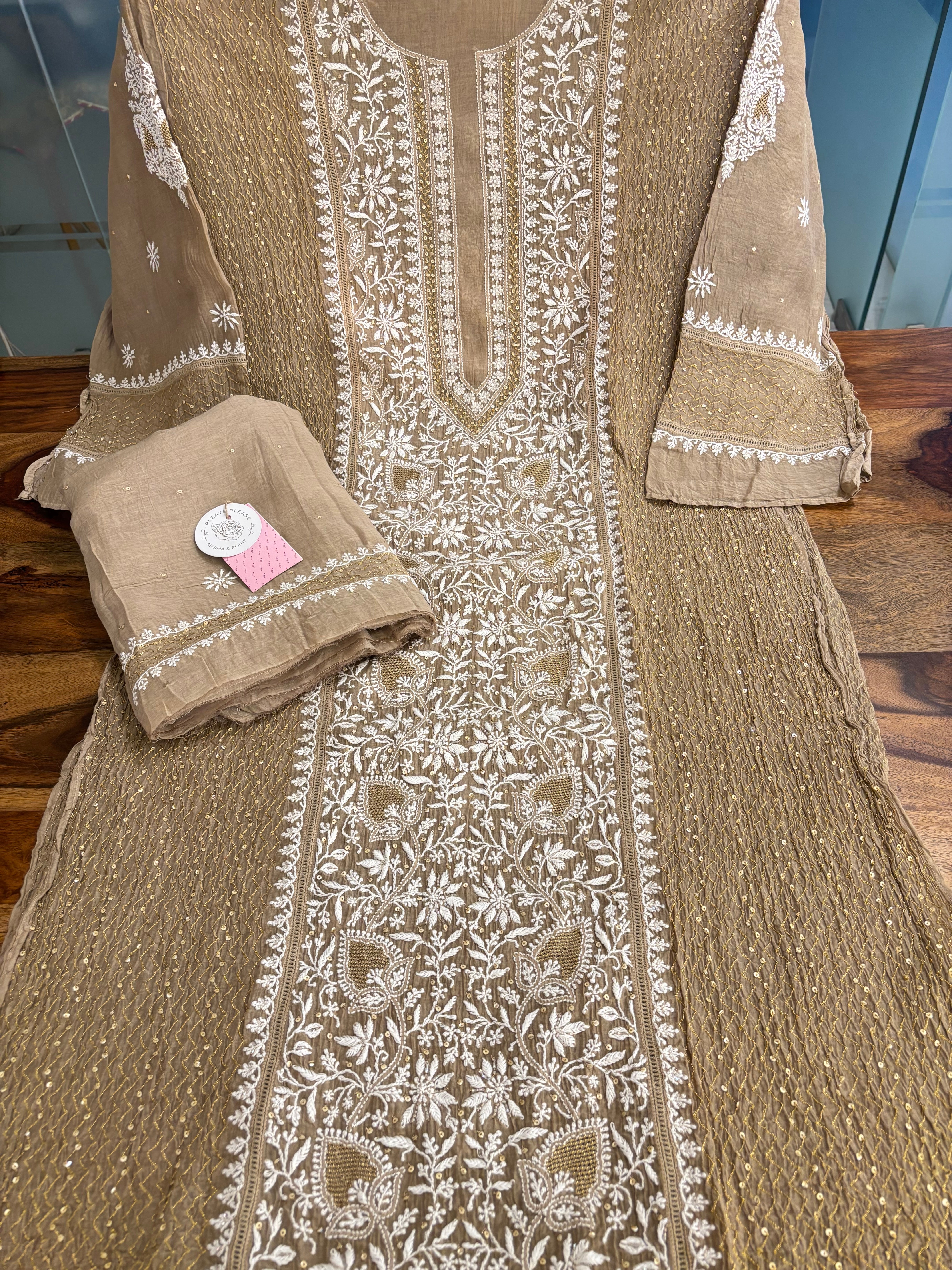 Camel Brown Chanderi Chikankari Kurta & Dupatta