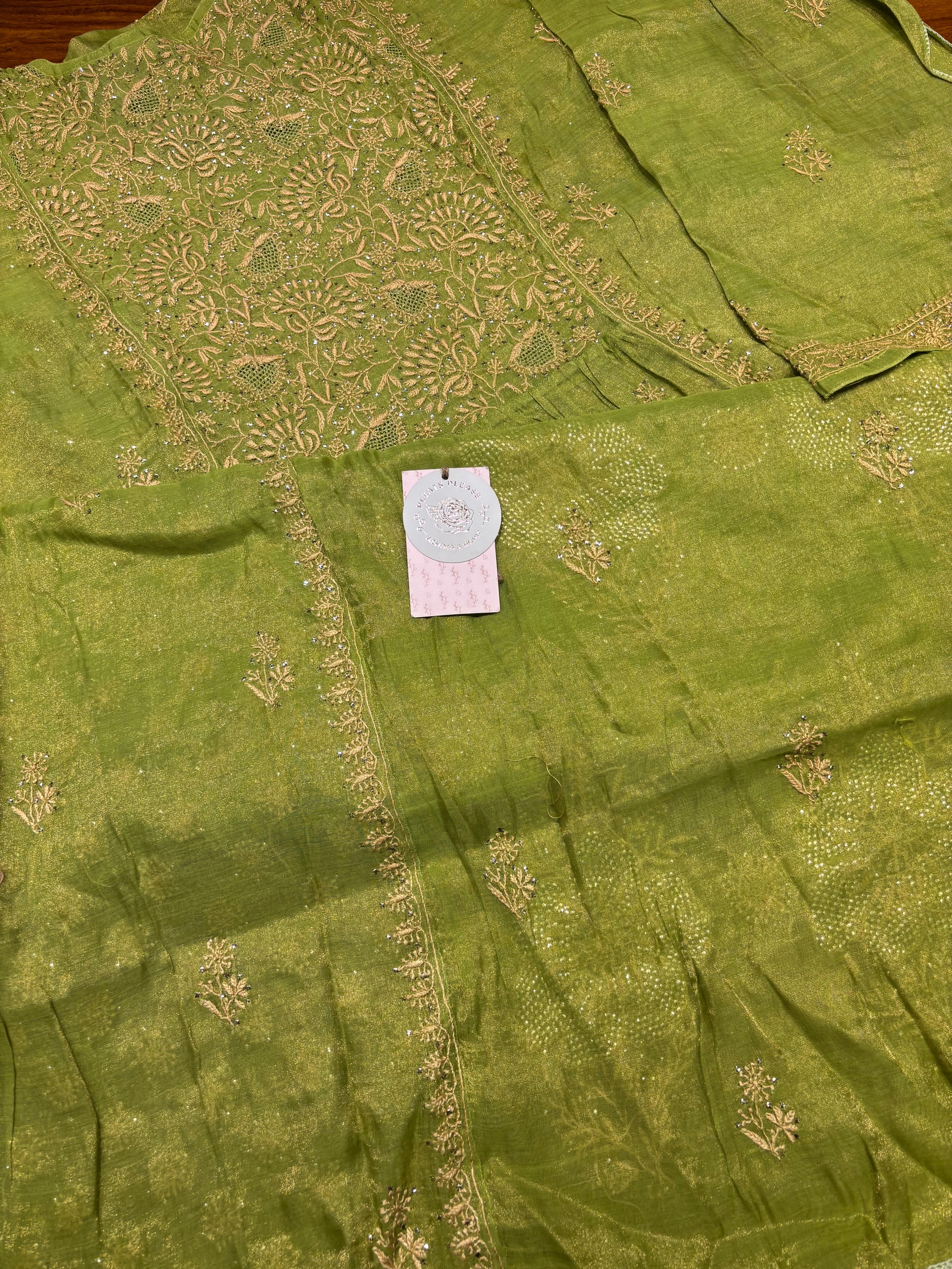 Green Pure and Premium Tissue Chikankari & Mukaish Angrakha Kurta and Dupatta Set