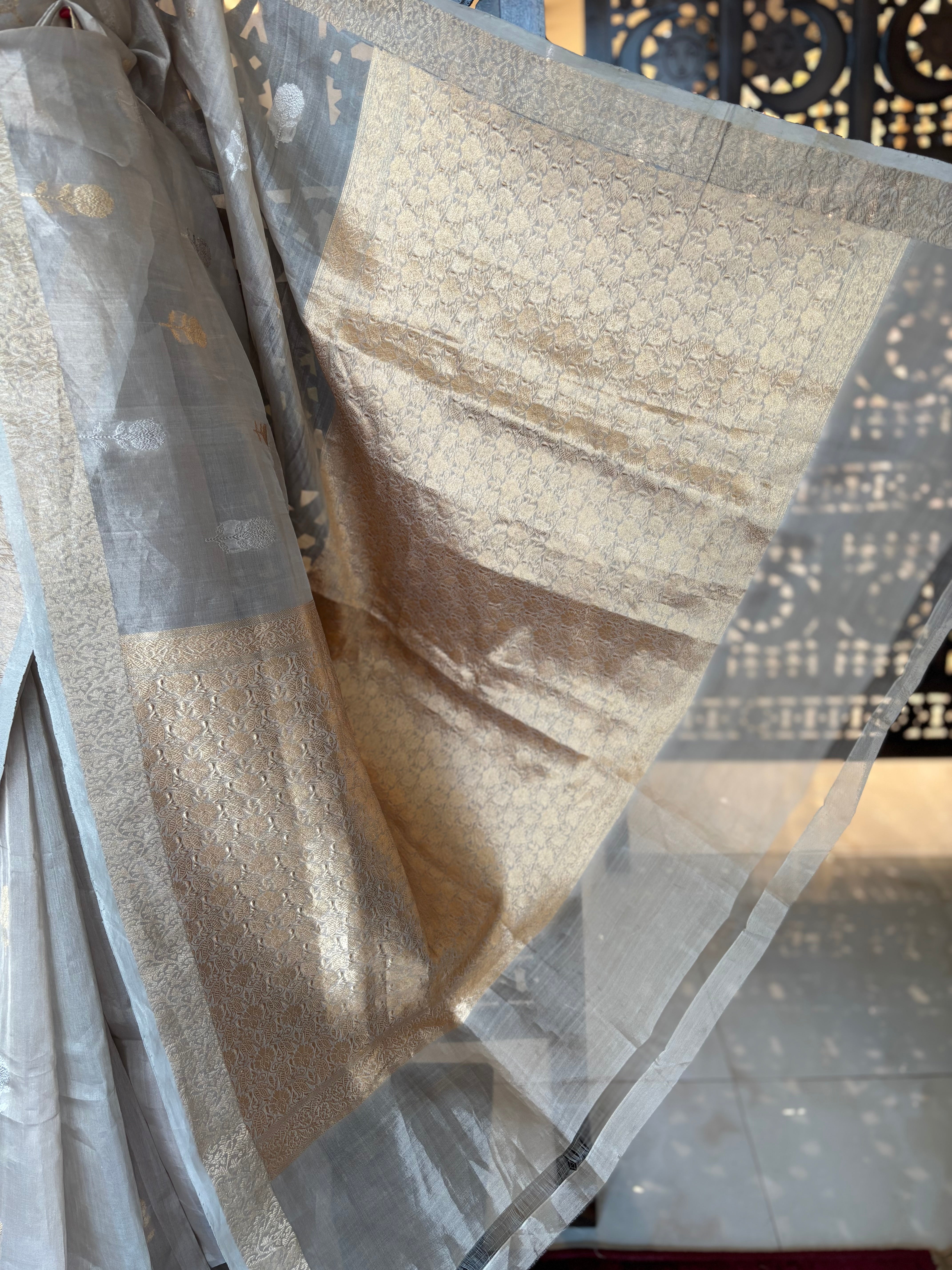 Golden Tissue Organza Banarsi Saree and Blouse - Pleats PleaseChikankari