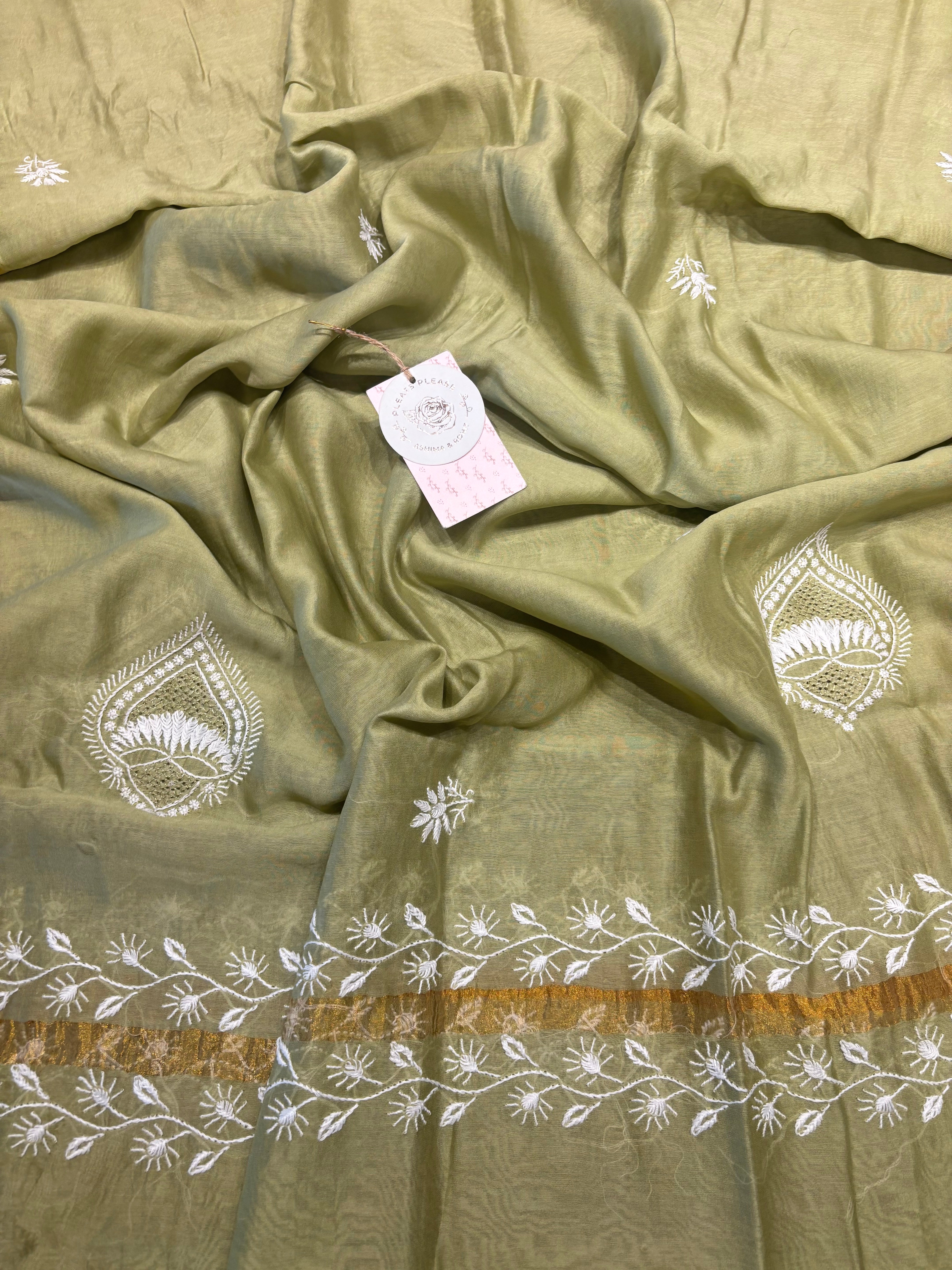 Pastel Olive Green Chanderi silk Chikankari Anarkali and Dupatta set