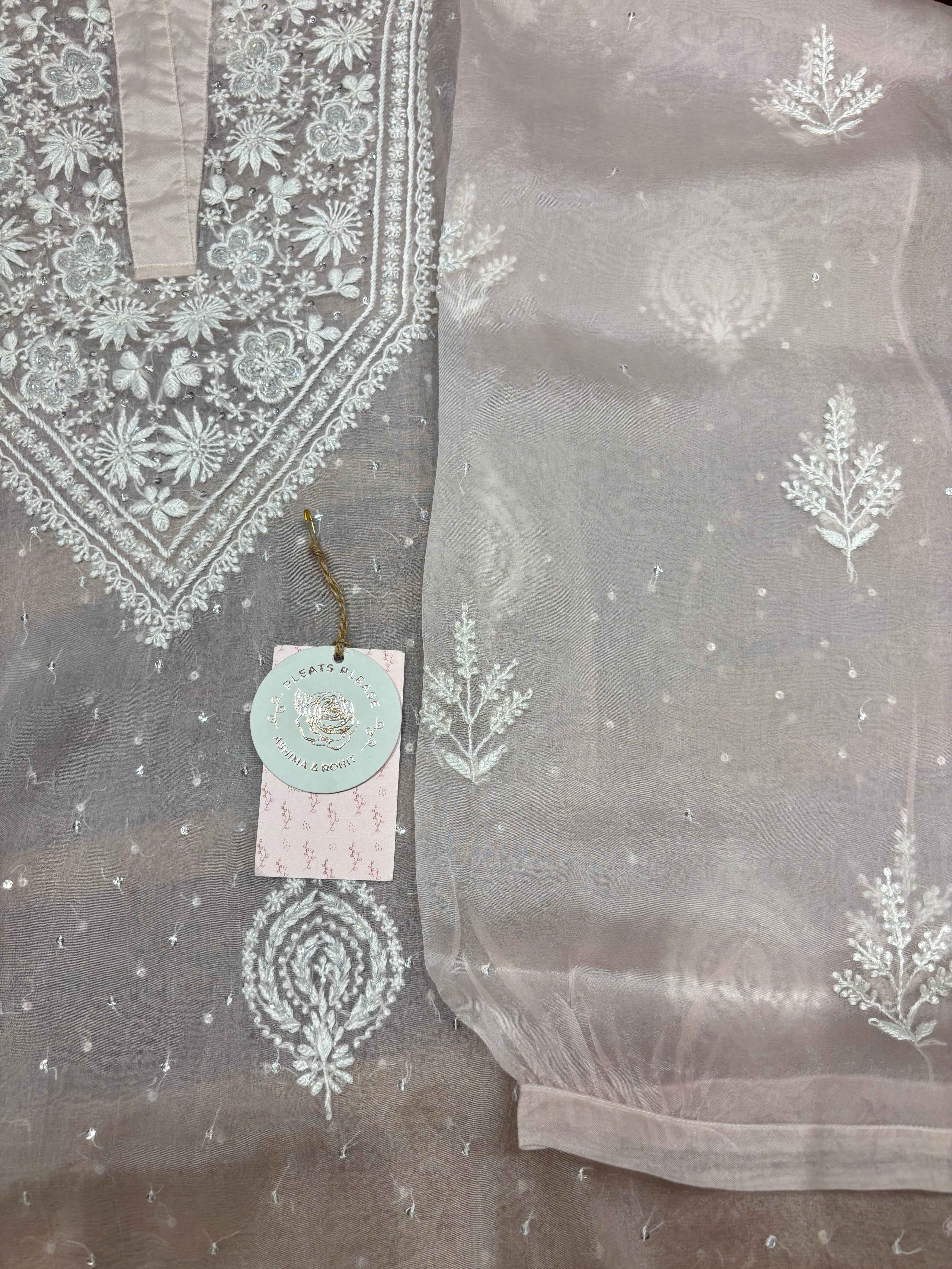 Soft Pink Organza Chikankari Co-ord Set - Pleats PleaseChikankari