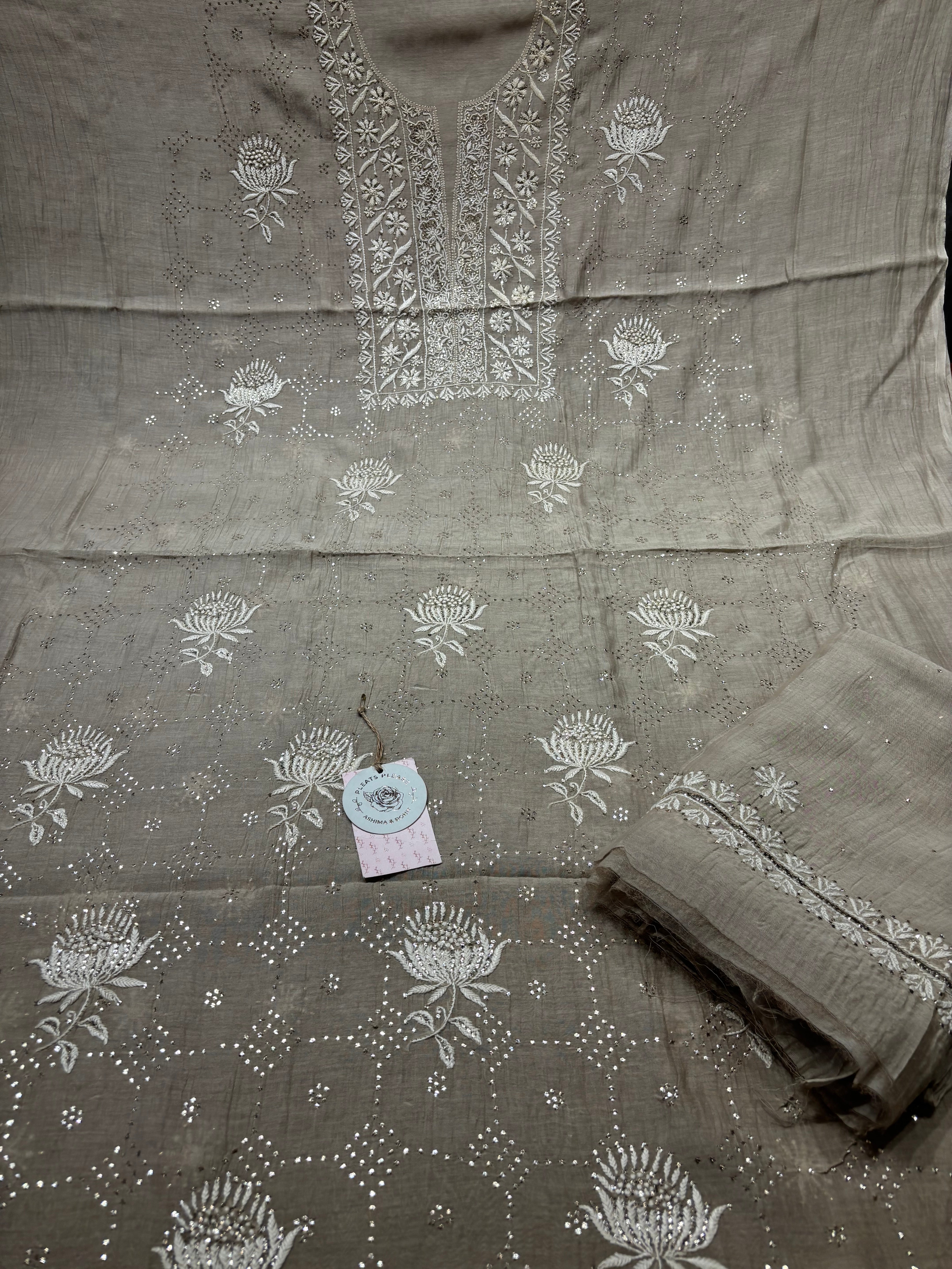 Mocha mousse Chanderi Mul Chikankari kurta and Dupatta Fabric