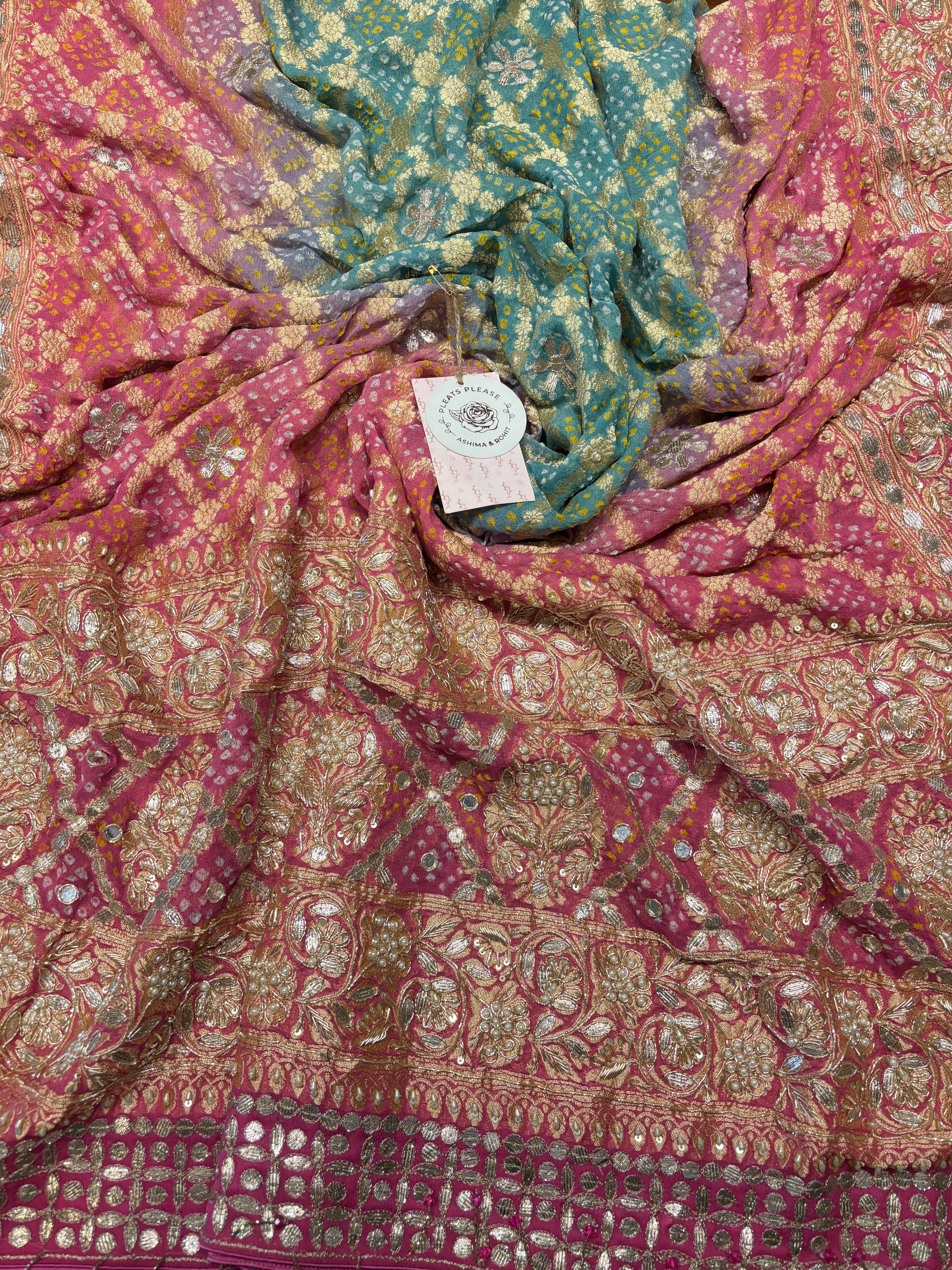 Pink and teal Bandhej Khaddi Georgette Dupatta