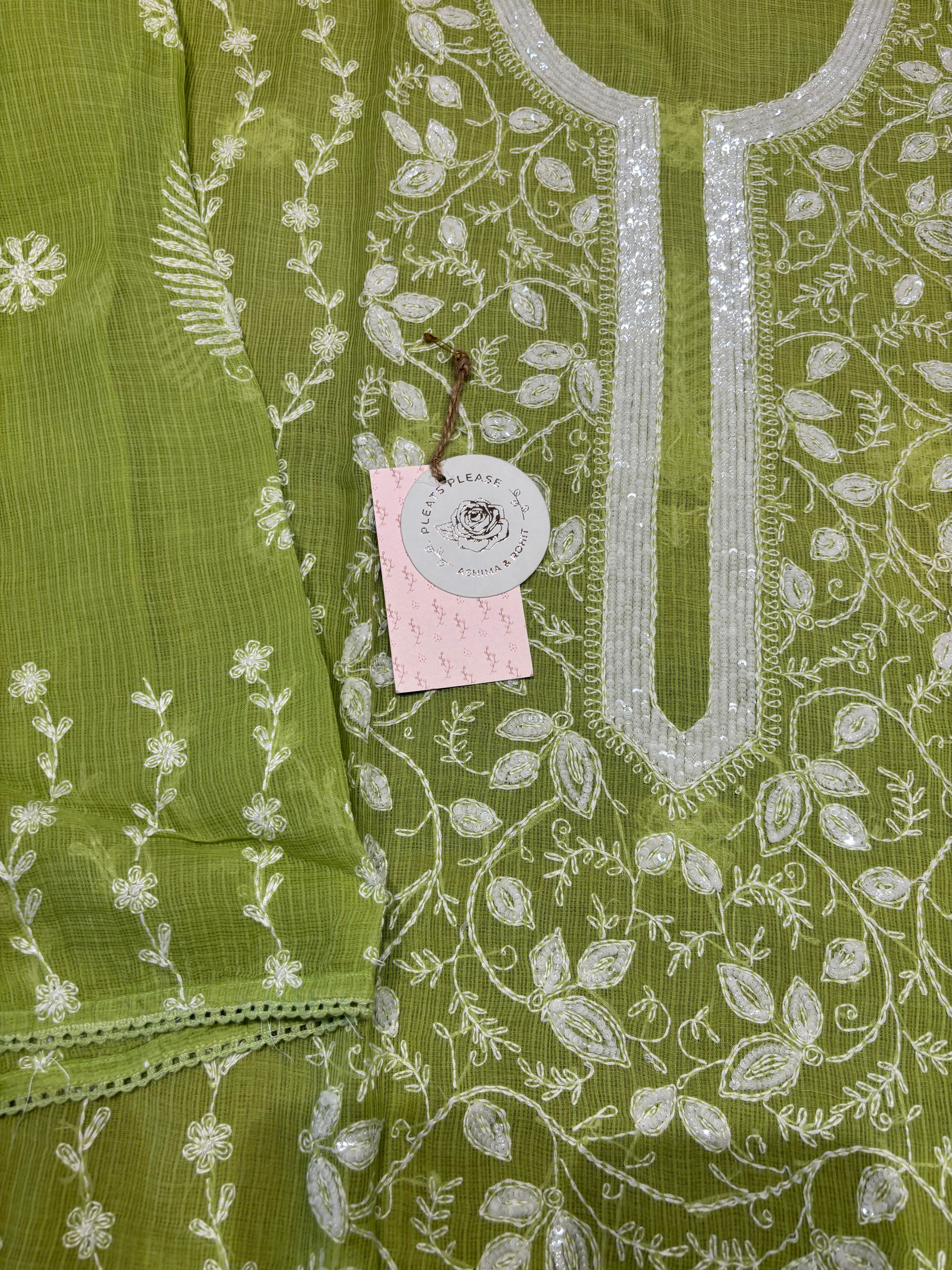Parrot Green Kota Doria Chikankari Kurta And Dupatta Set