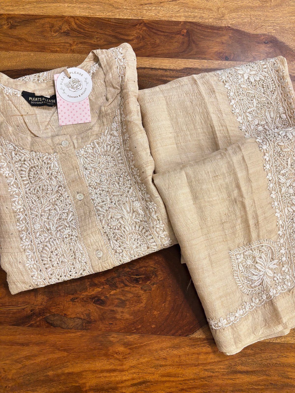 Natural Tussar Silk Chikankari Mukaish Co-Ord Set