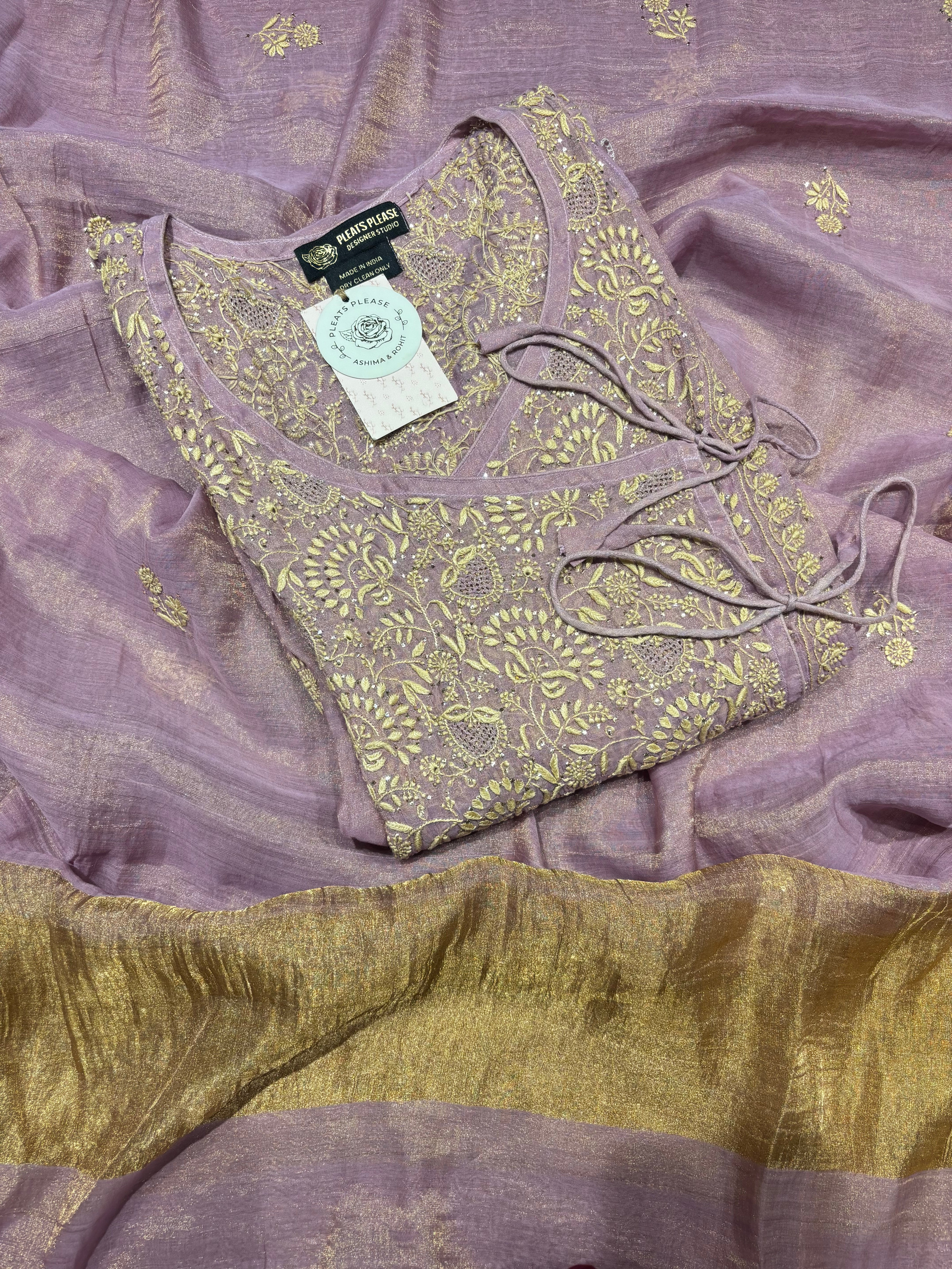 Lilac pure and premium Tissue Chikankari Angrakha Kurta and Dupatta Set