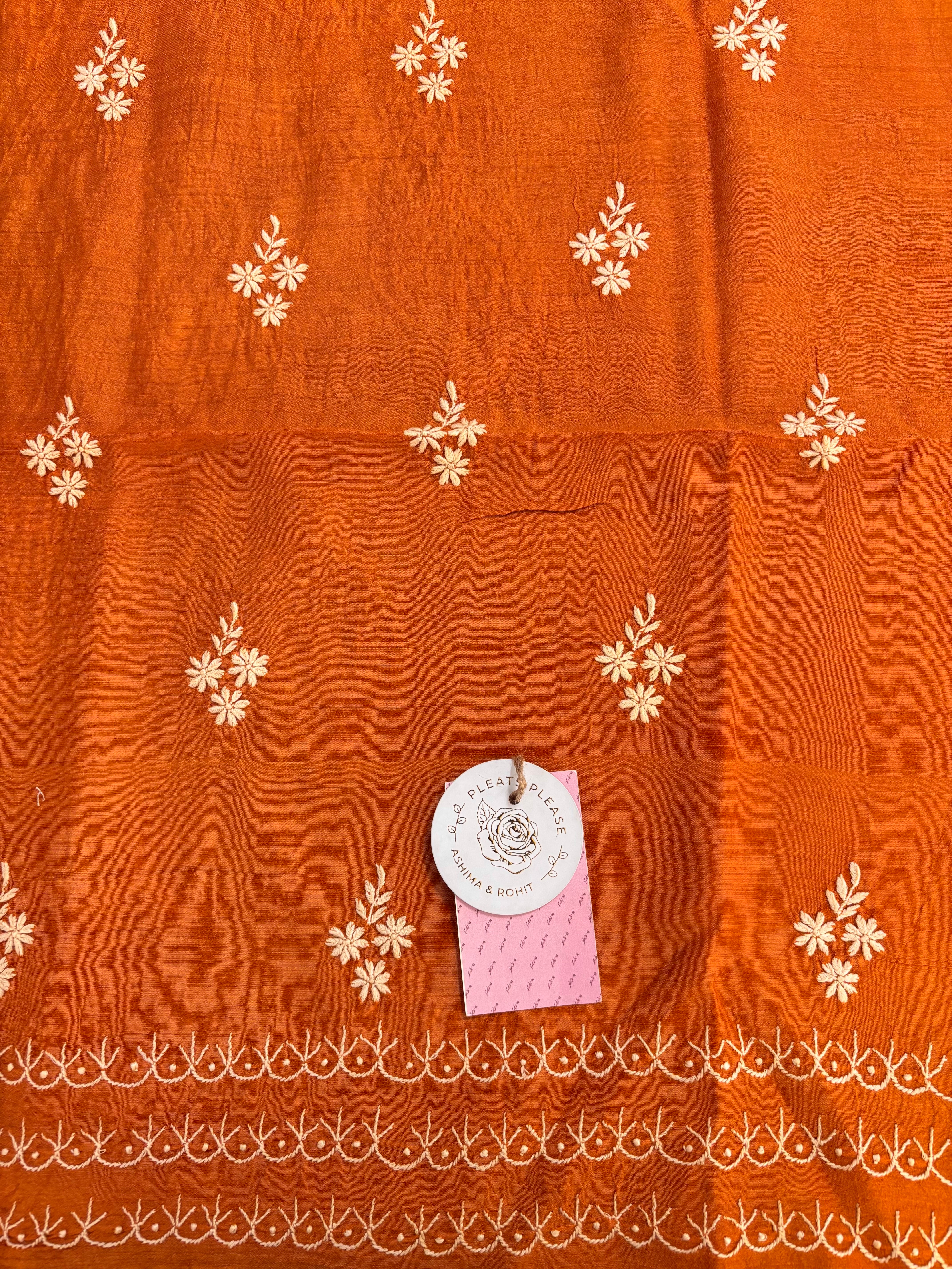 Burnt Orange Monga Silk Chikankari Kurta & Dupatta