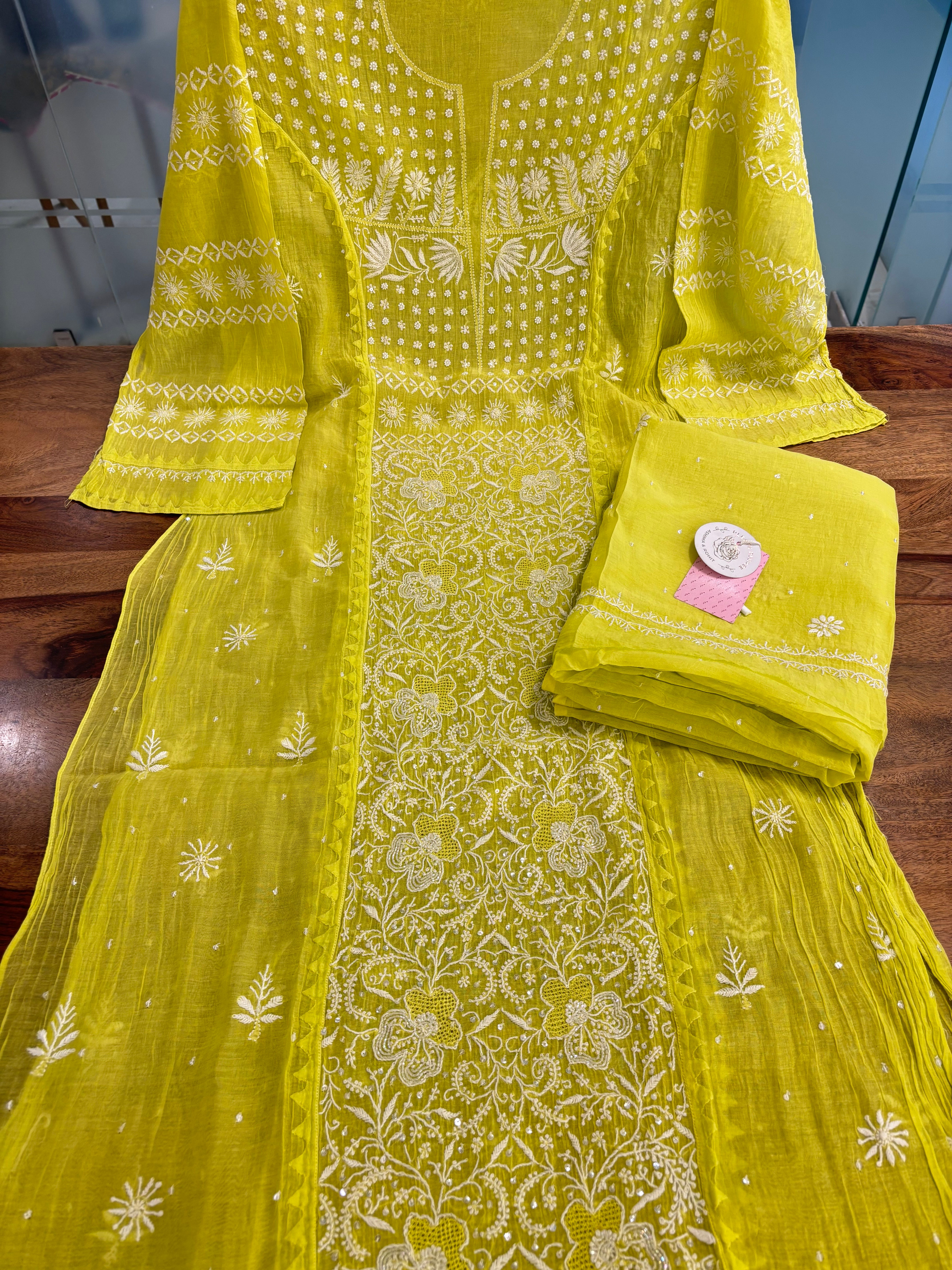 Neon Green Chanderi Mul Chikankari Kurta & Dupatta