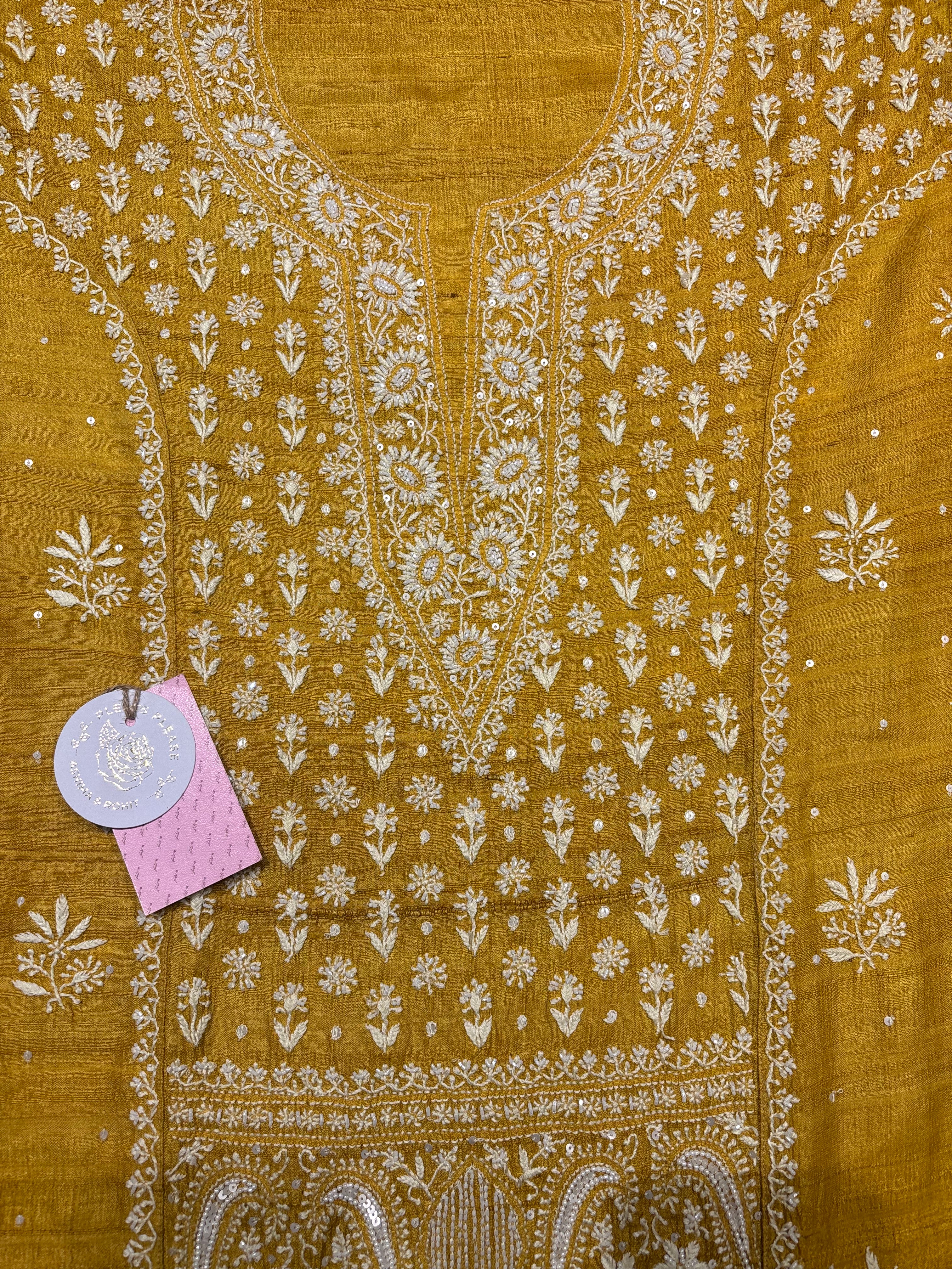 Mustard pure and premium Tussar Silk Chikankari Kurta and Dupatta Set