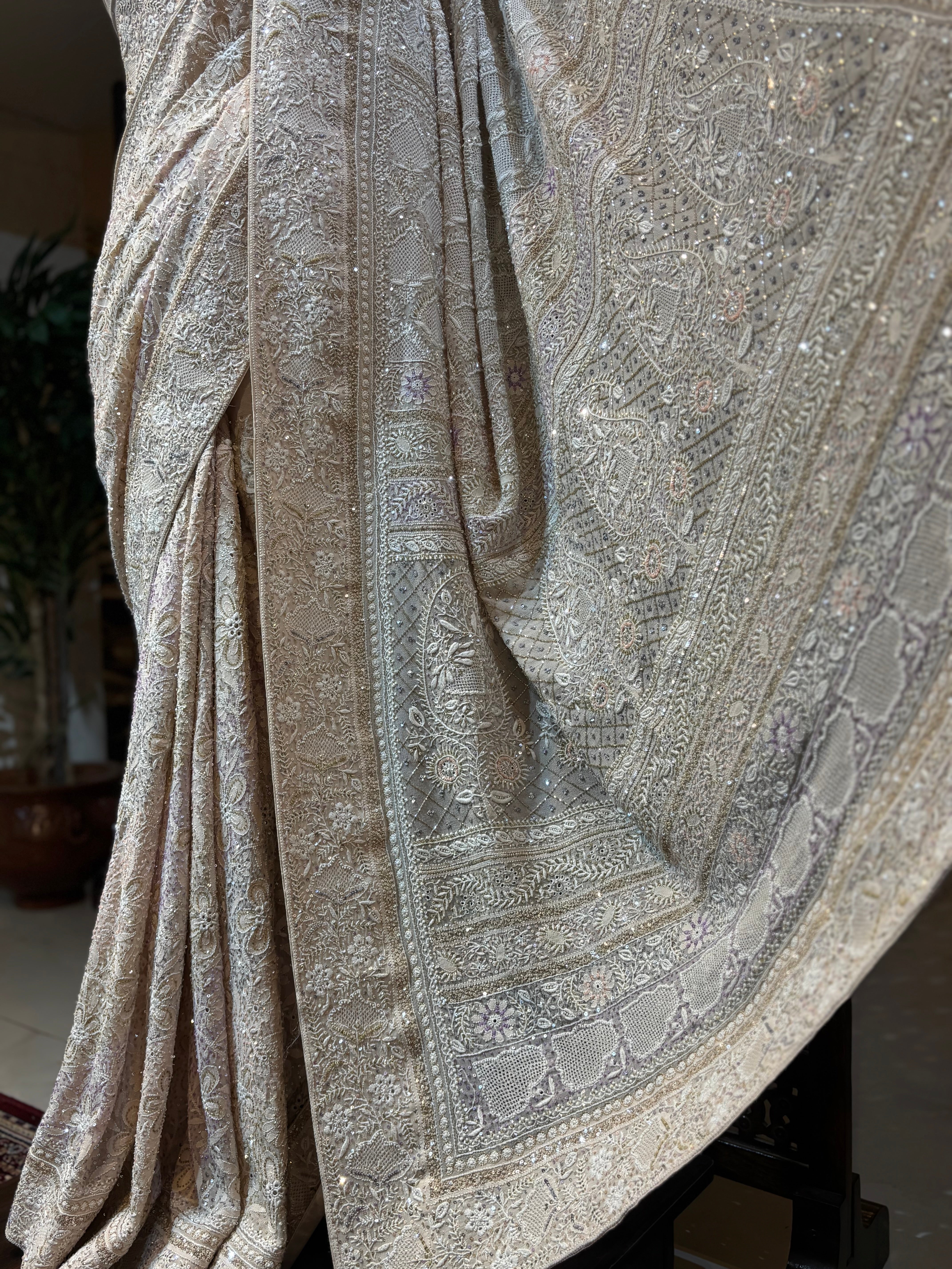 Coffee Cream Pure Georgette Chikankari Saree and Blouse - Pleats PleaseChikankari