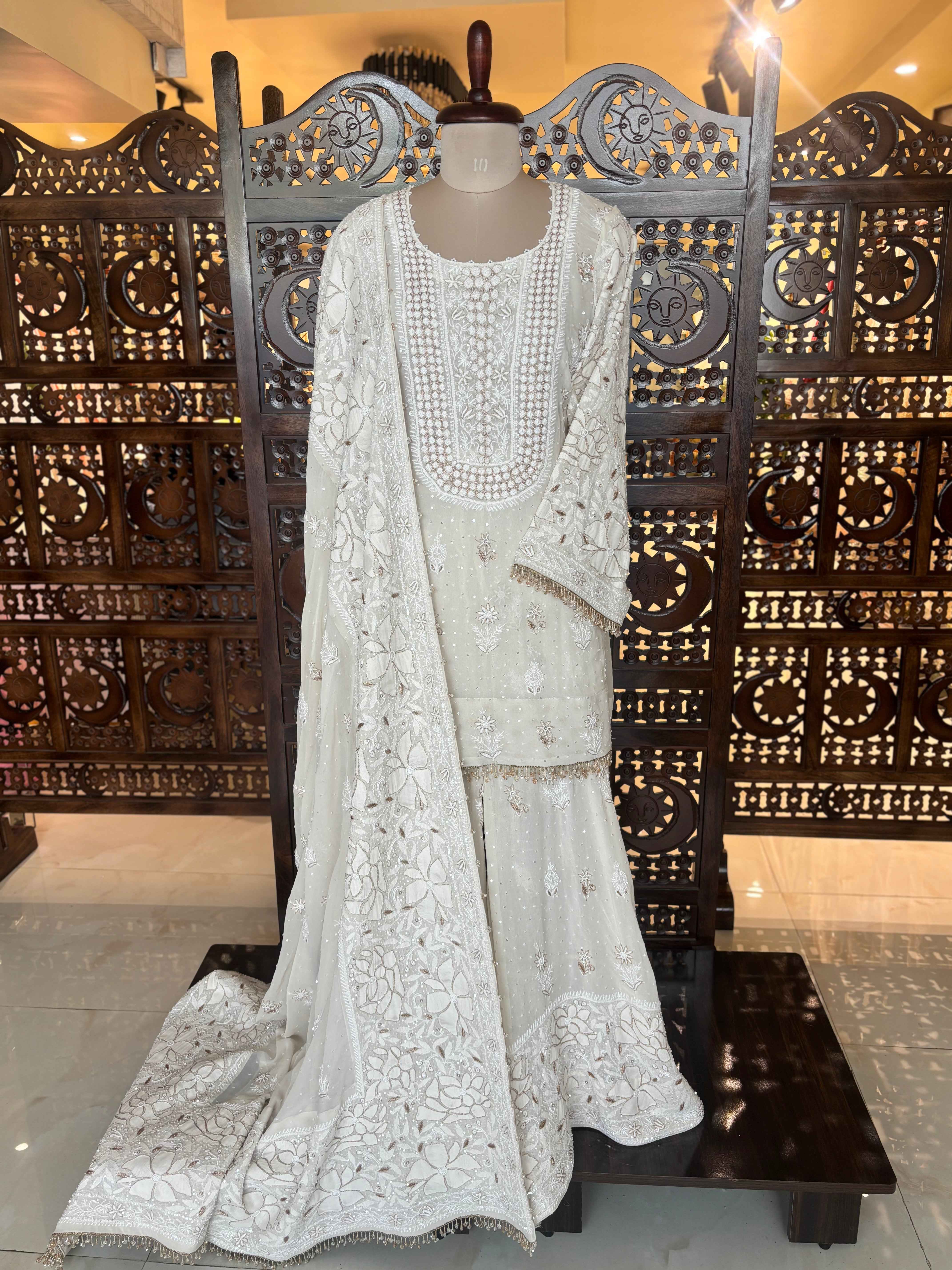 Dyeable Pure & Premium Georgette Chikankari Kurta & Dupatta With Sharara