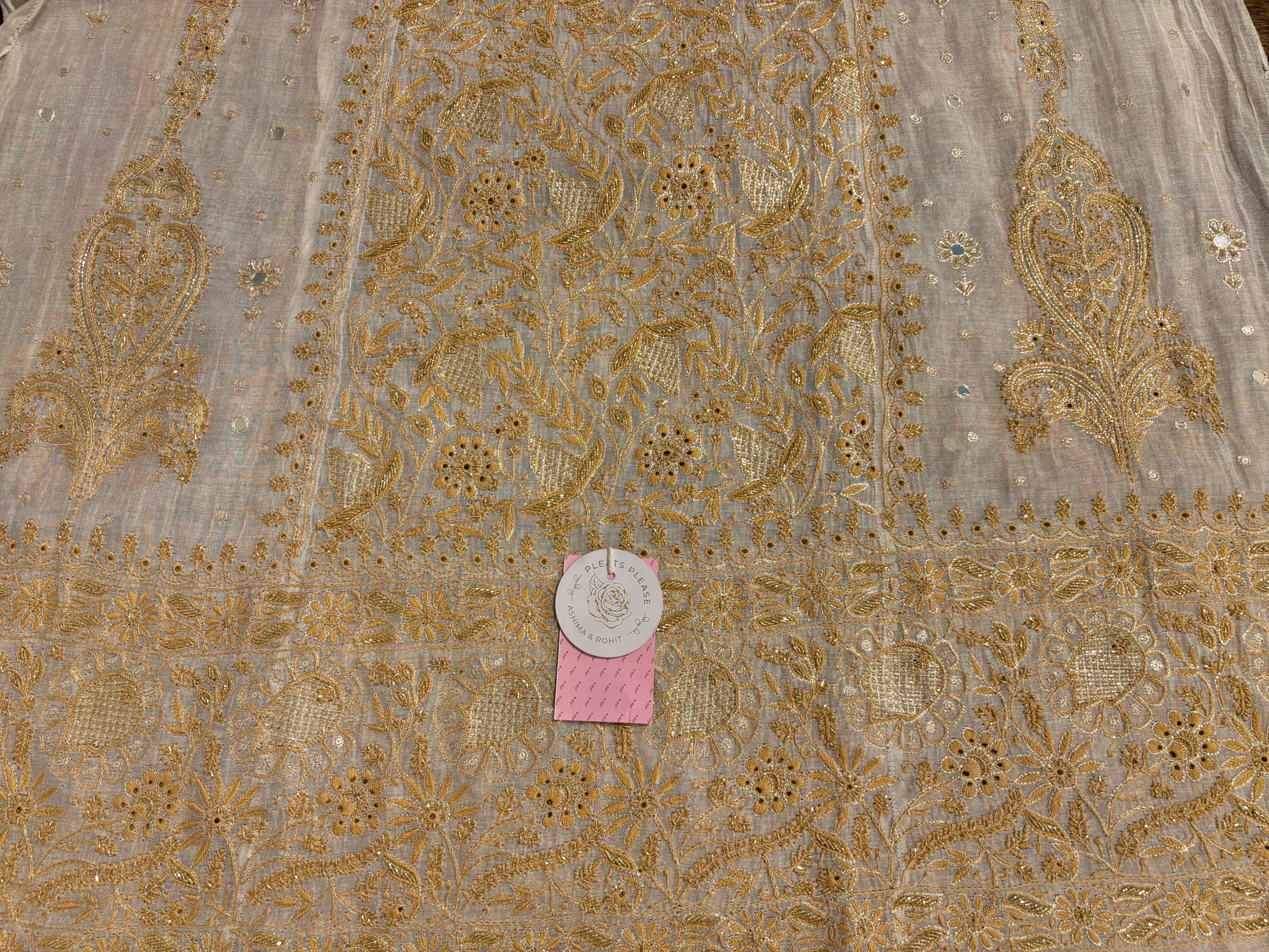 Dyeable Silver Tissue Mirror Neckline Chikankari Kurta & Dupatta - Pleats PleaseChikankari