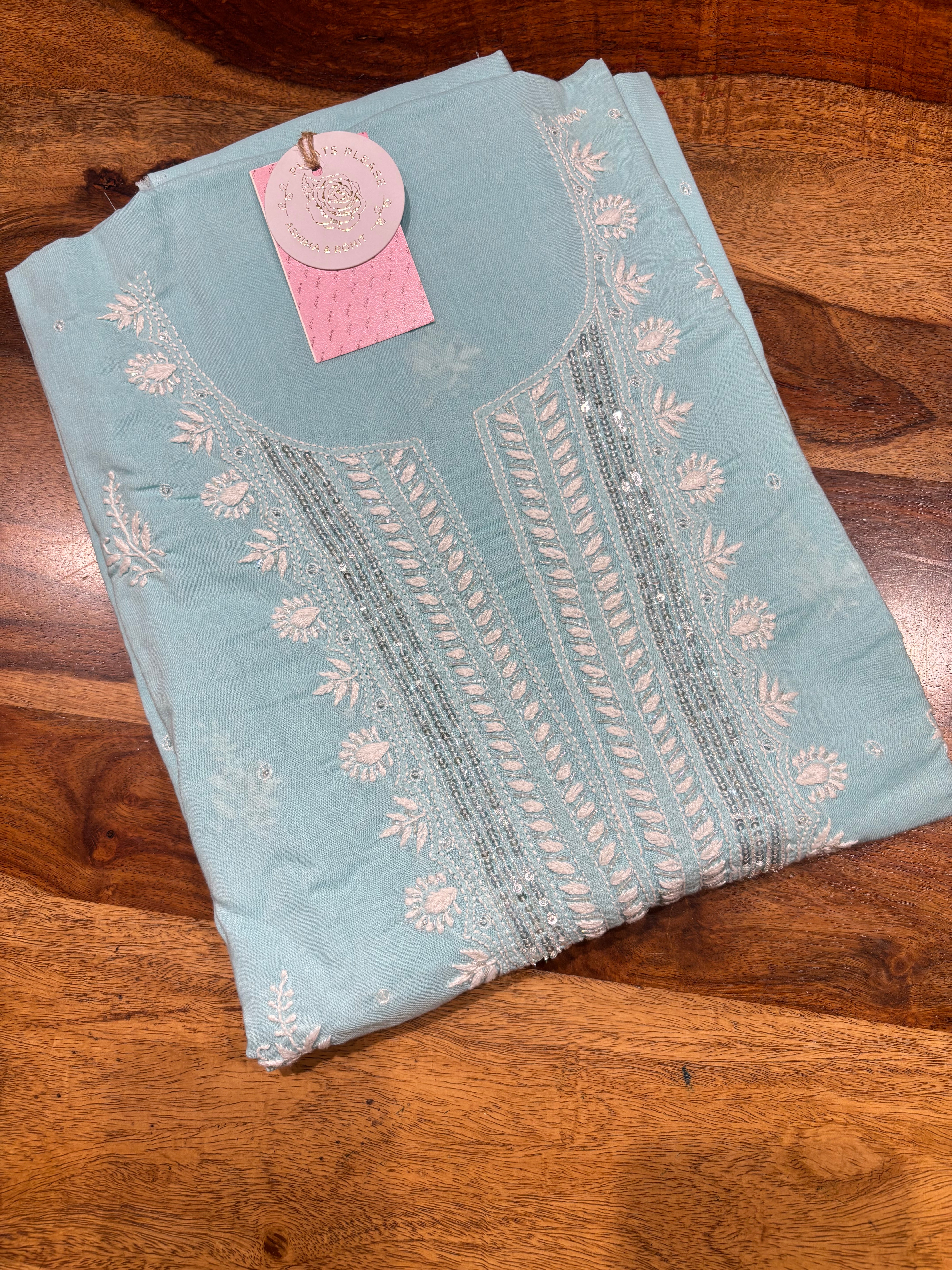 Powder Blue Mulmul Chikankari Kurta Fabric