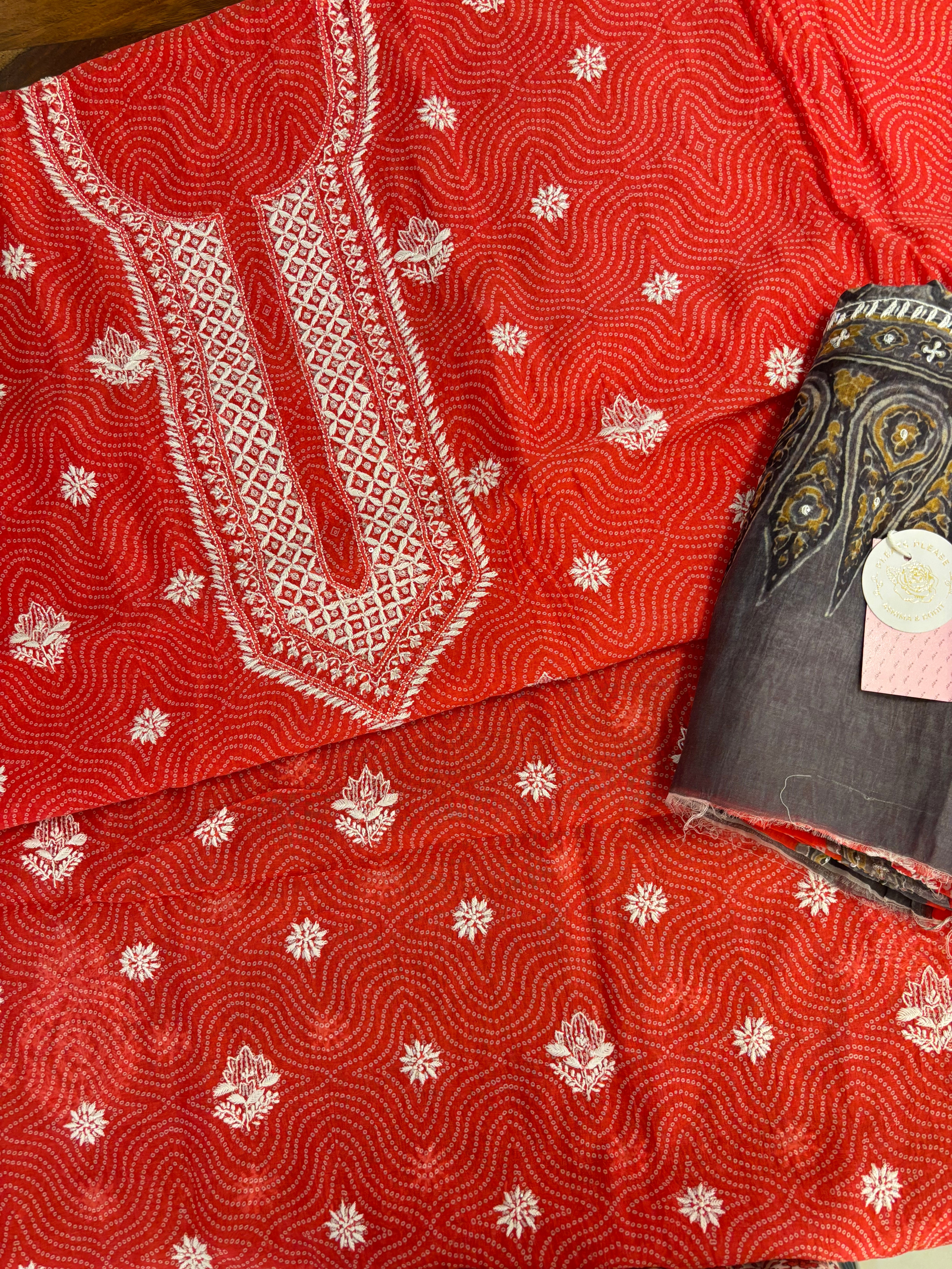 Coral Peach Chanderi Mul Bandhej Chikankari Kurta & Dupatta - Pleats PleaseChikankari