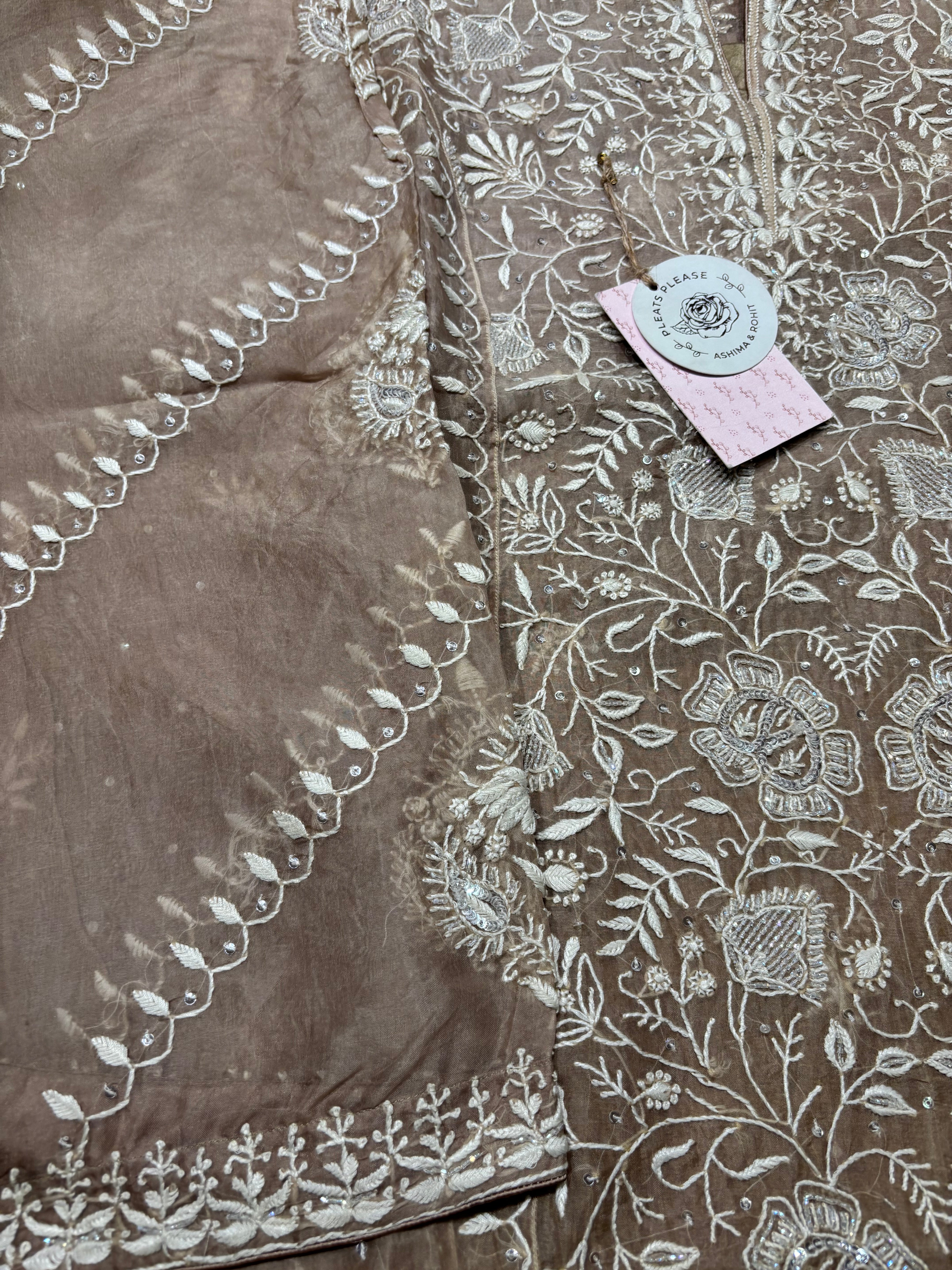 Brown Pure And Premium Organza Silk Chikankari Kurta And Dupatta Set