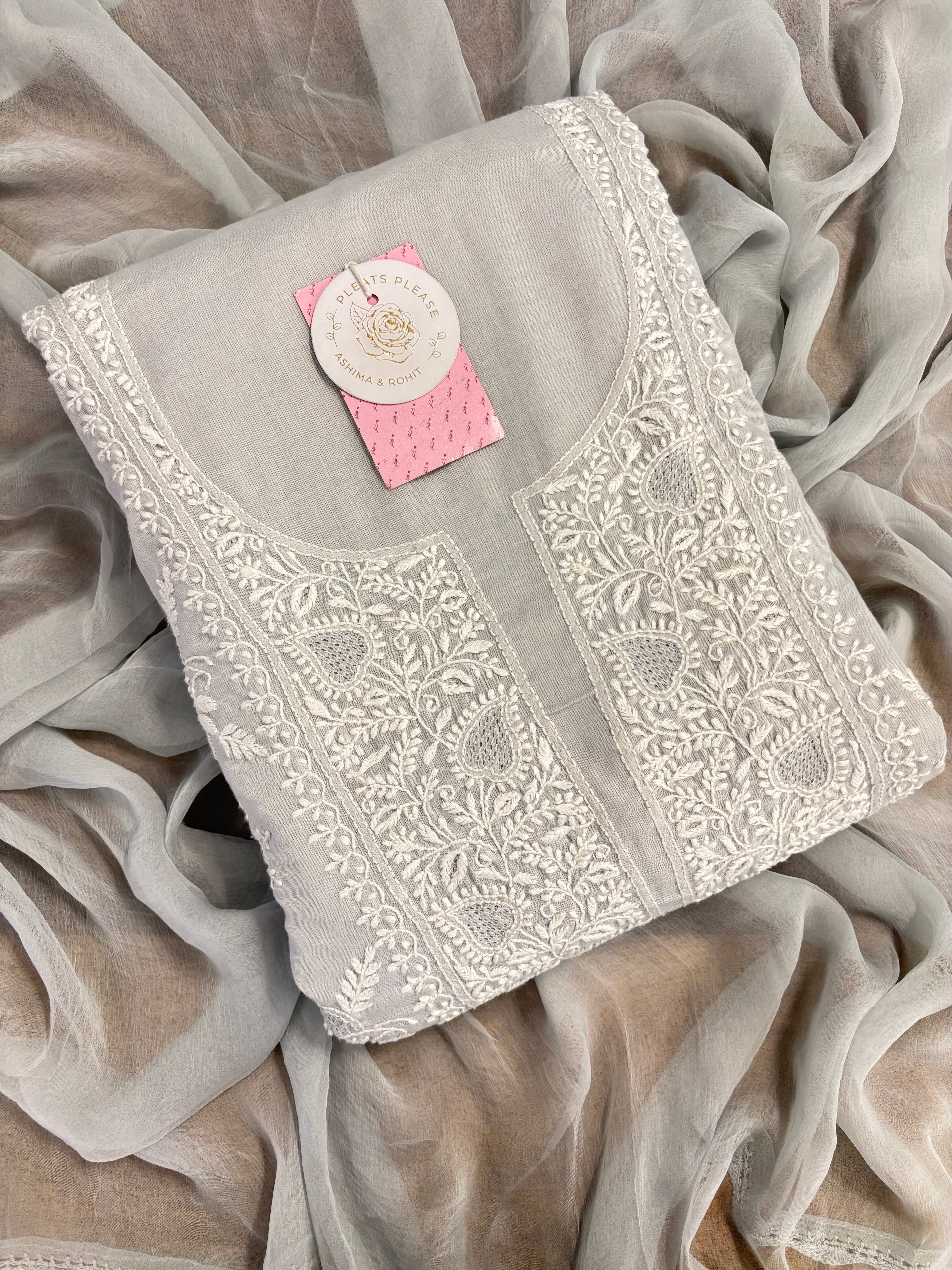 Dove-Grey Cotton Chikankari Kurta, Dupatta With Bottom