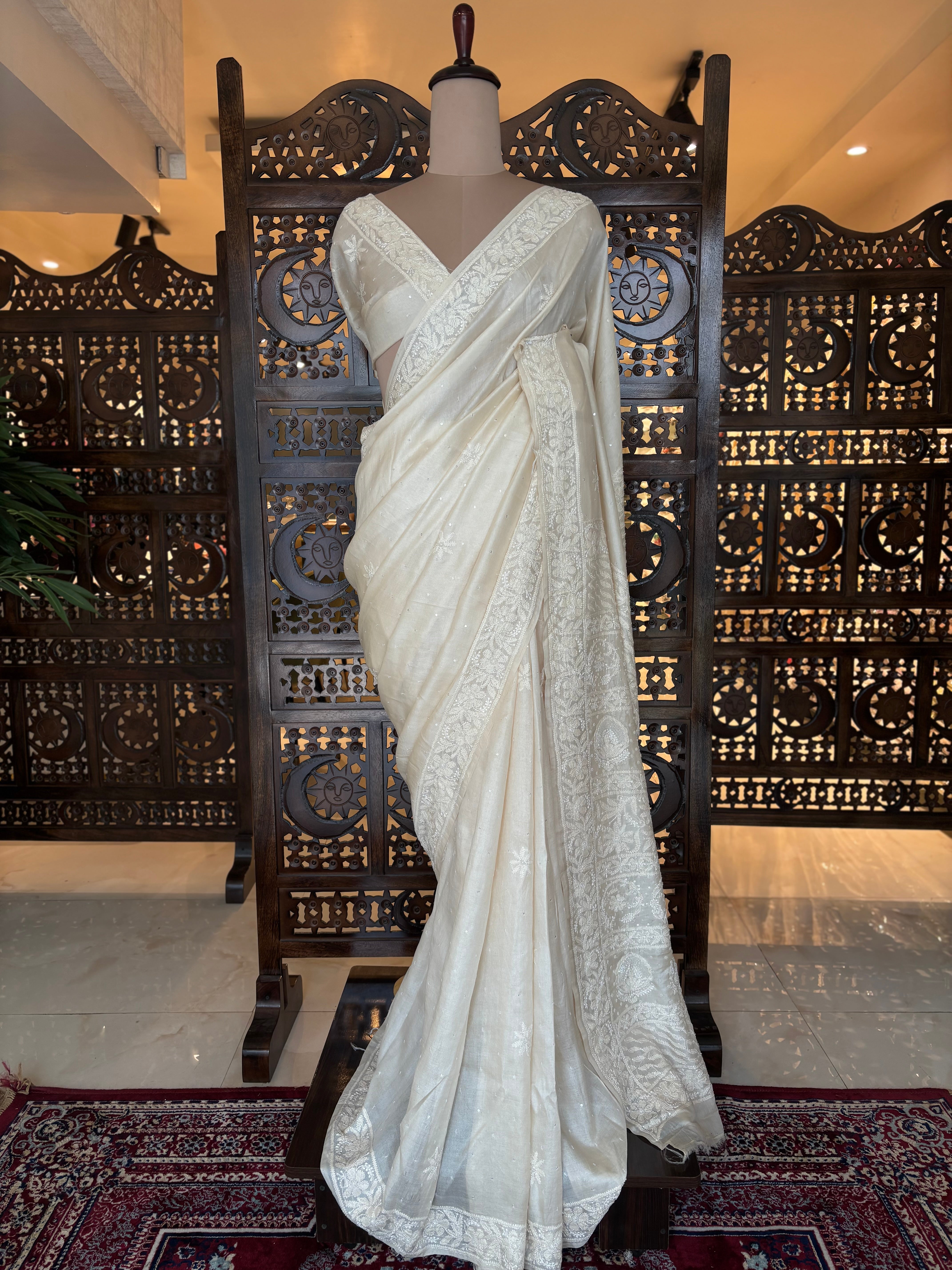 Dyeable Pure & Premium White Tussar Silk Chikankari Saree & Blouse