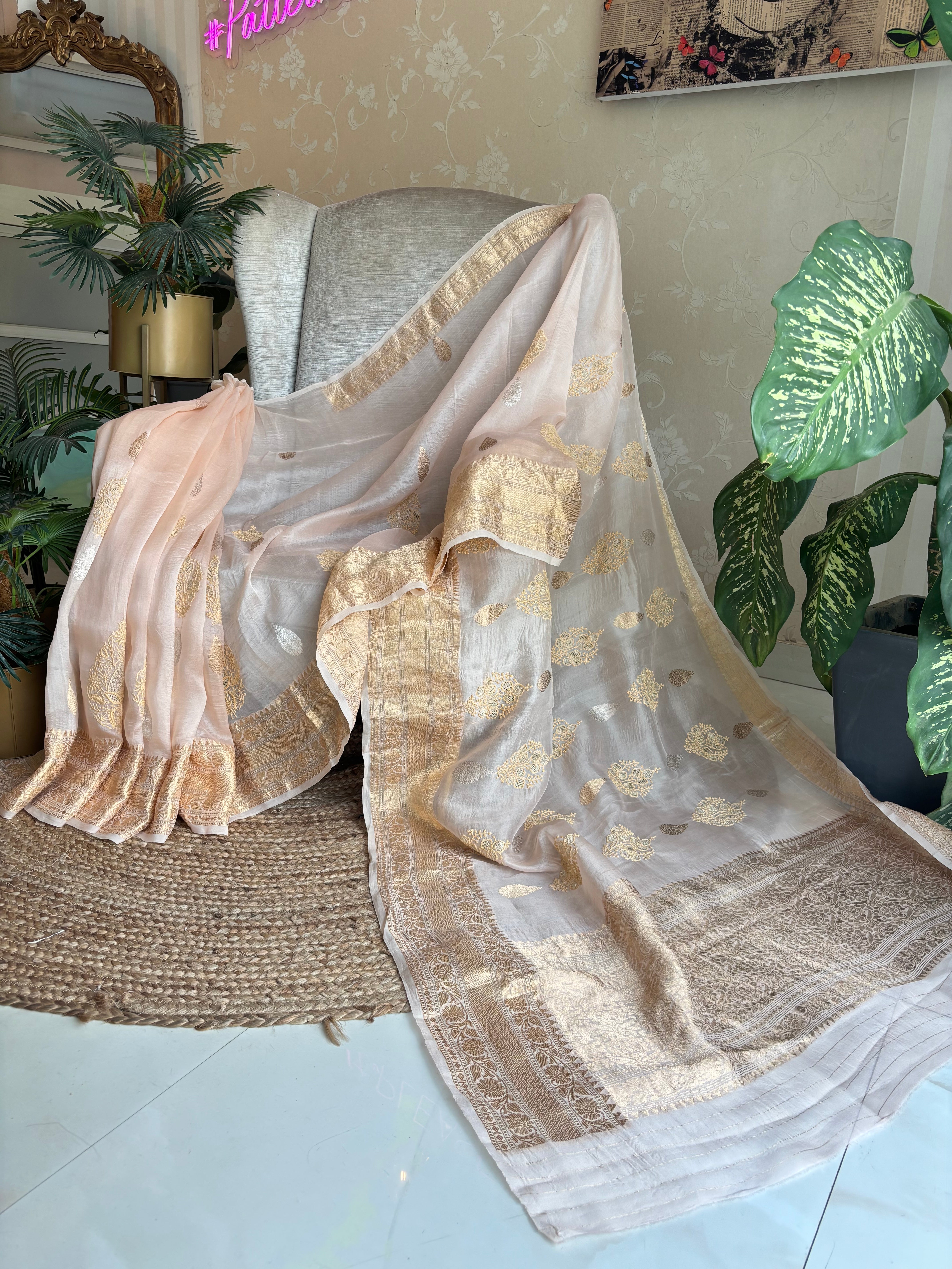 Rose Gold organza Kora Silk Chikankari Saree and Blouse