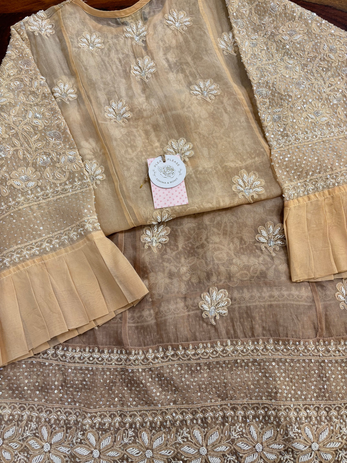 Peach Ombré Pure Organza Chikankari Anarkali,Dupatta With Bottom