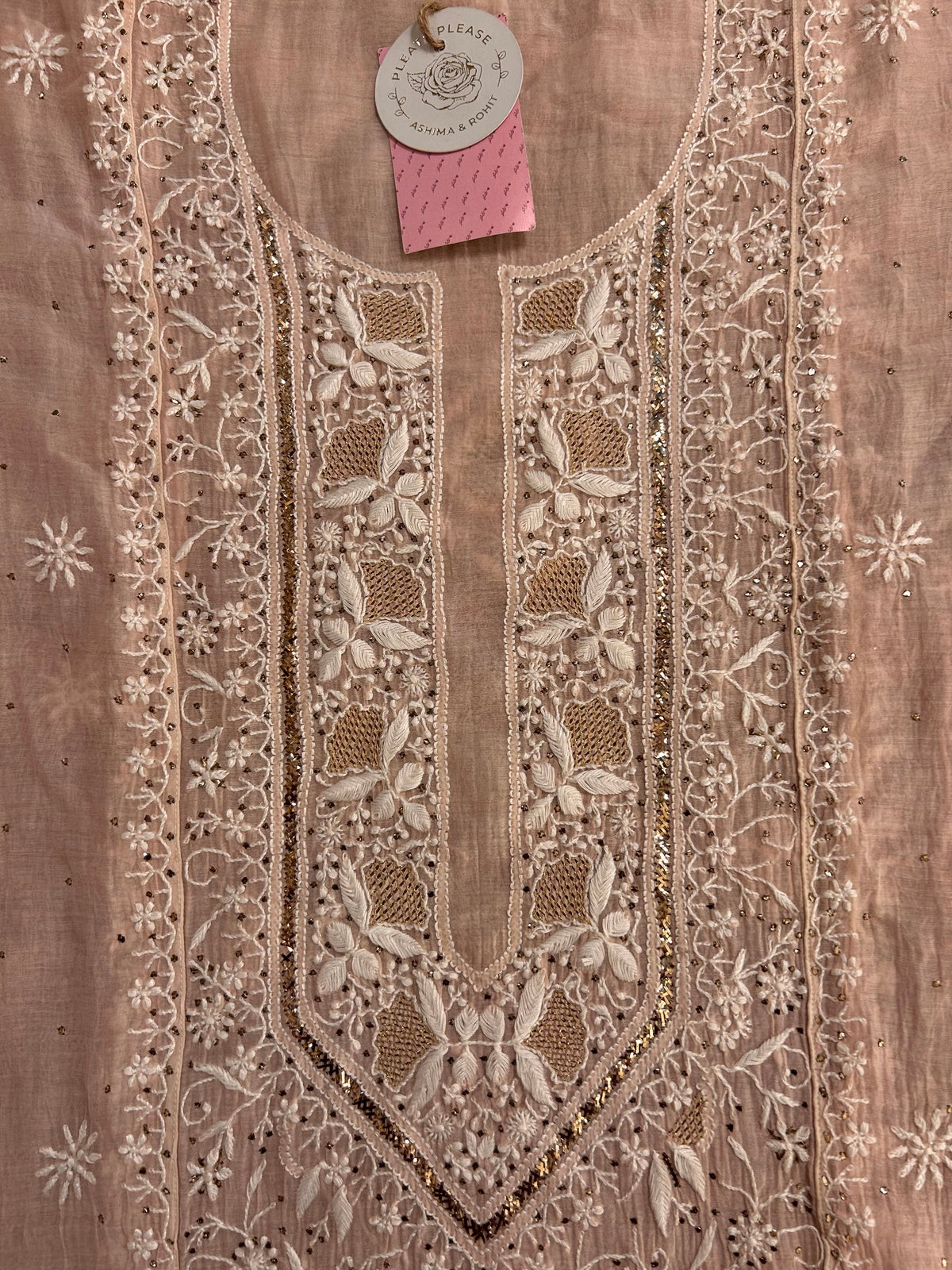 Pastel Peach Chanderi Mul Chikankari Mukaish Kurta & Dupatta