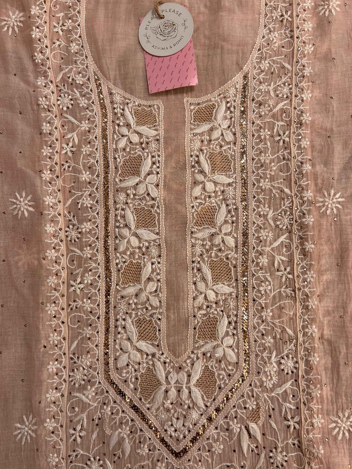 Pastel Peach Chanderi Mul Chikankari Mukaish Kurta & Dupatta