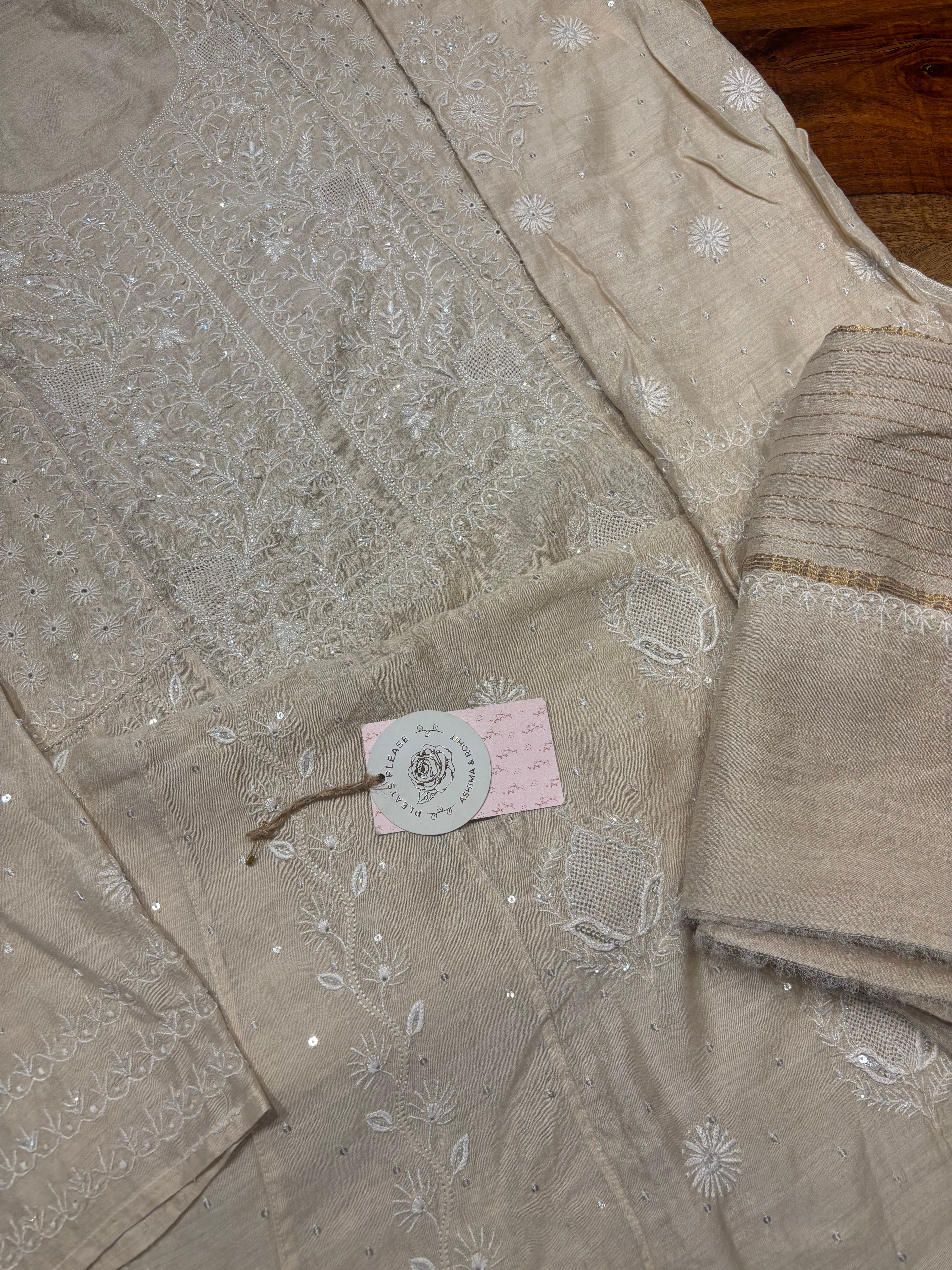 Dyeable Monga Silk Chikankari Anarkali And Dupatta Set