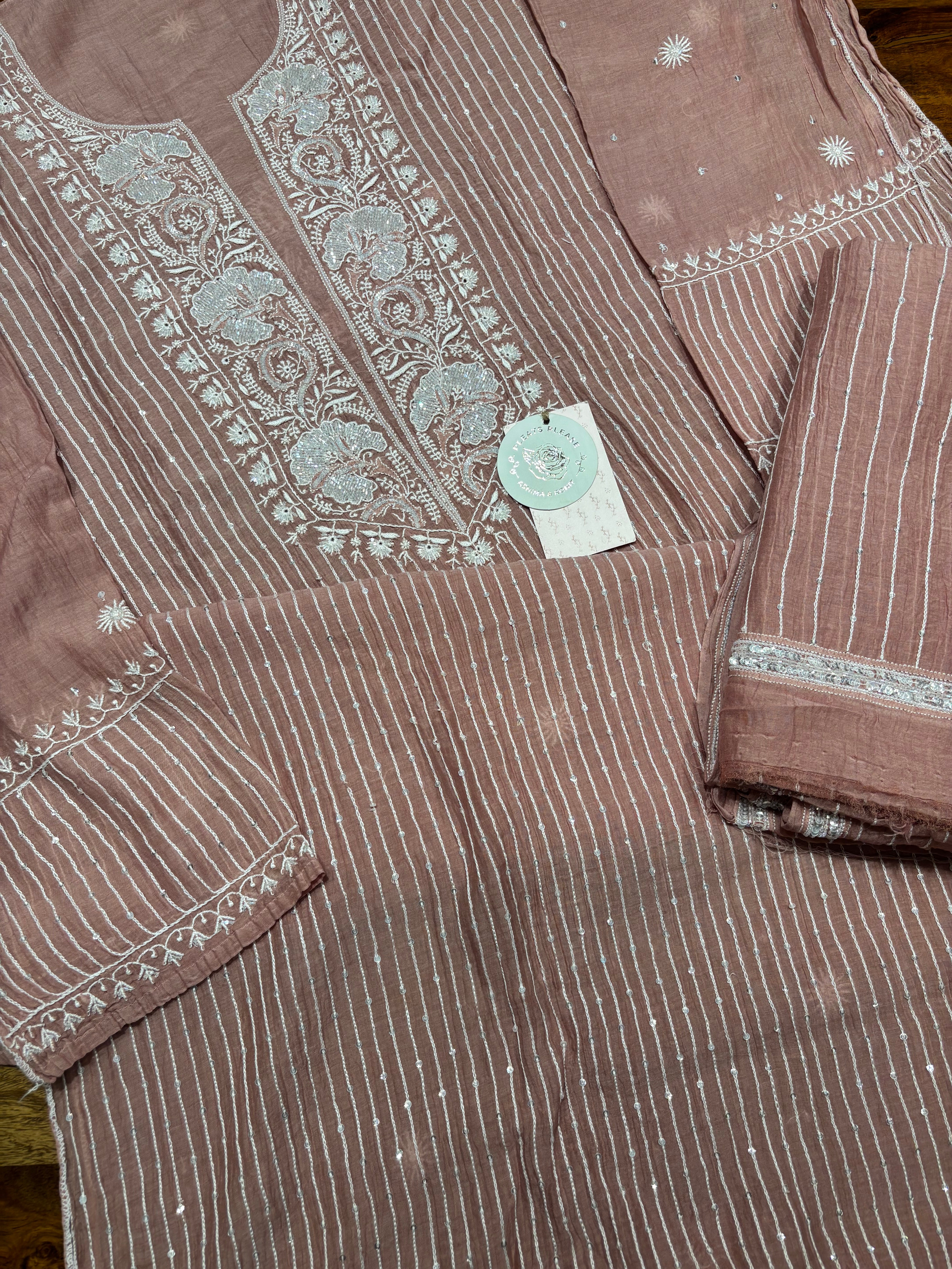 Brown chanderi Mul Chikankari kurta and Dupatta Set