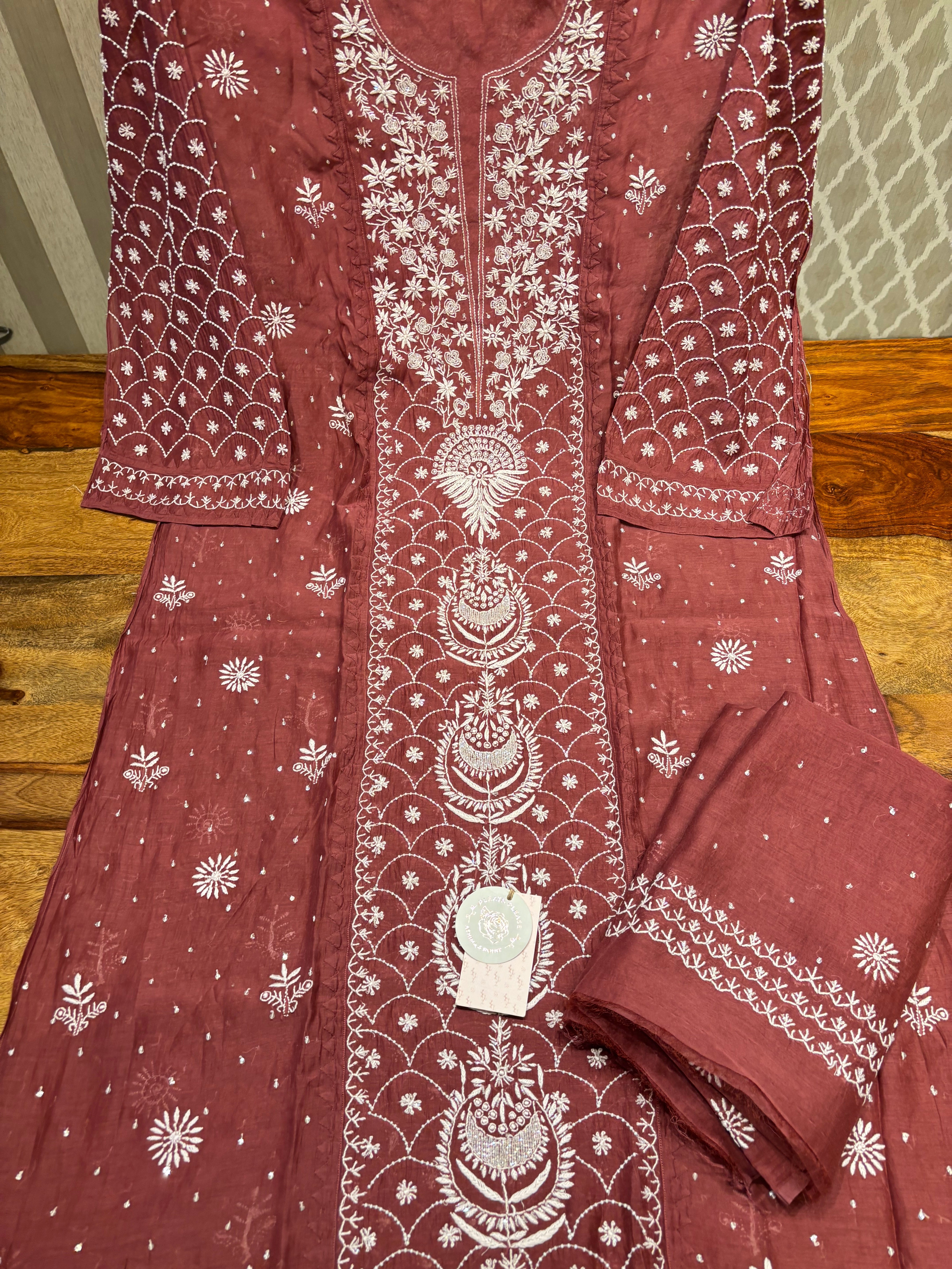 Red Cherrywood Chanderi mul Chikankari Kurta and Dupatta set