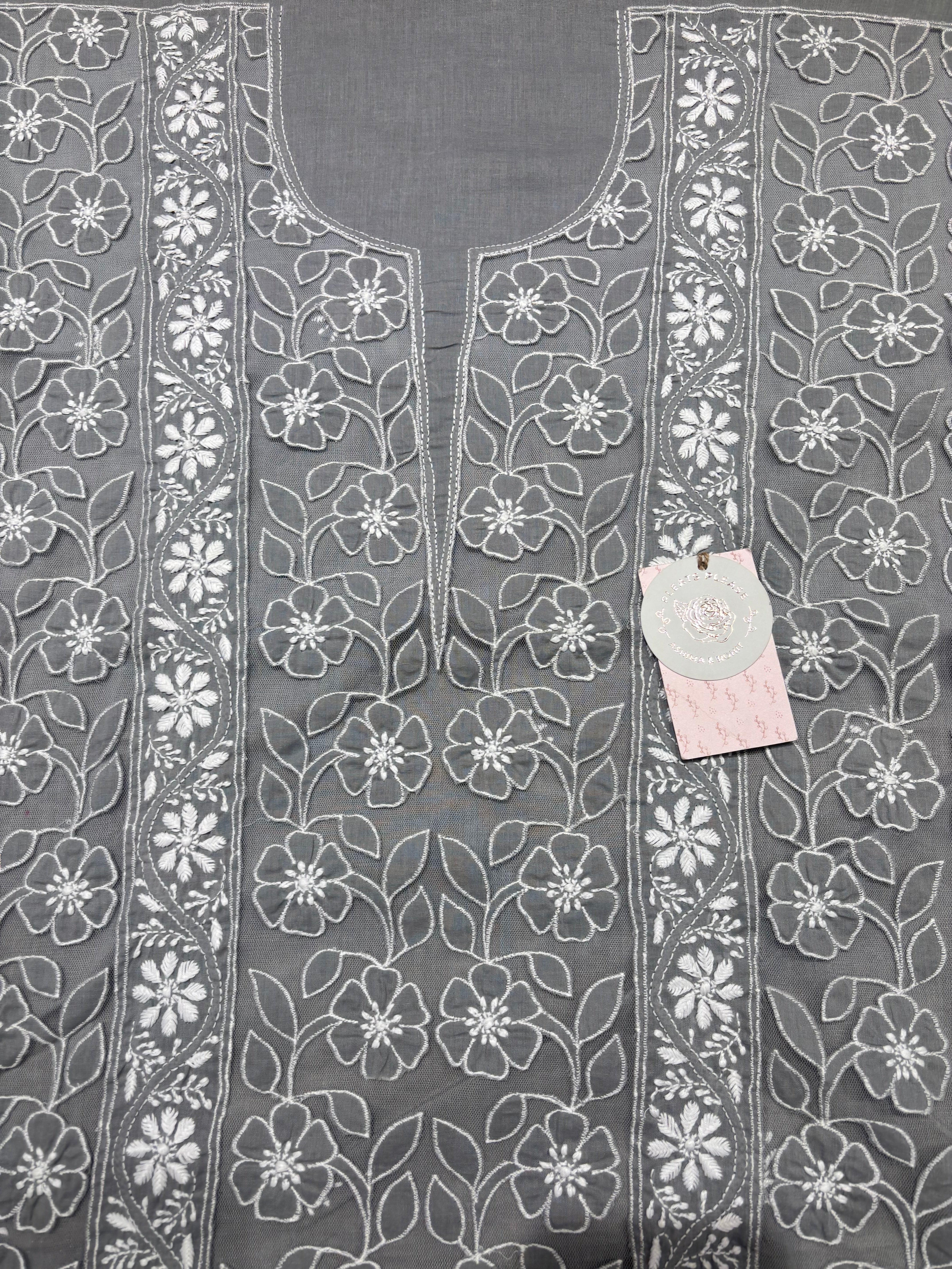 Gray Mulmul Soft Net Chikankari Applique Kurta And Dupatta Fabric