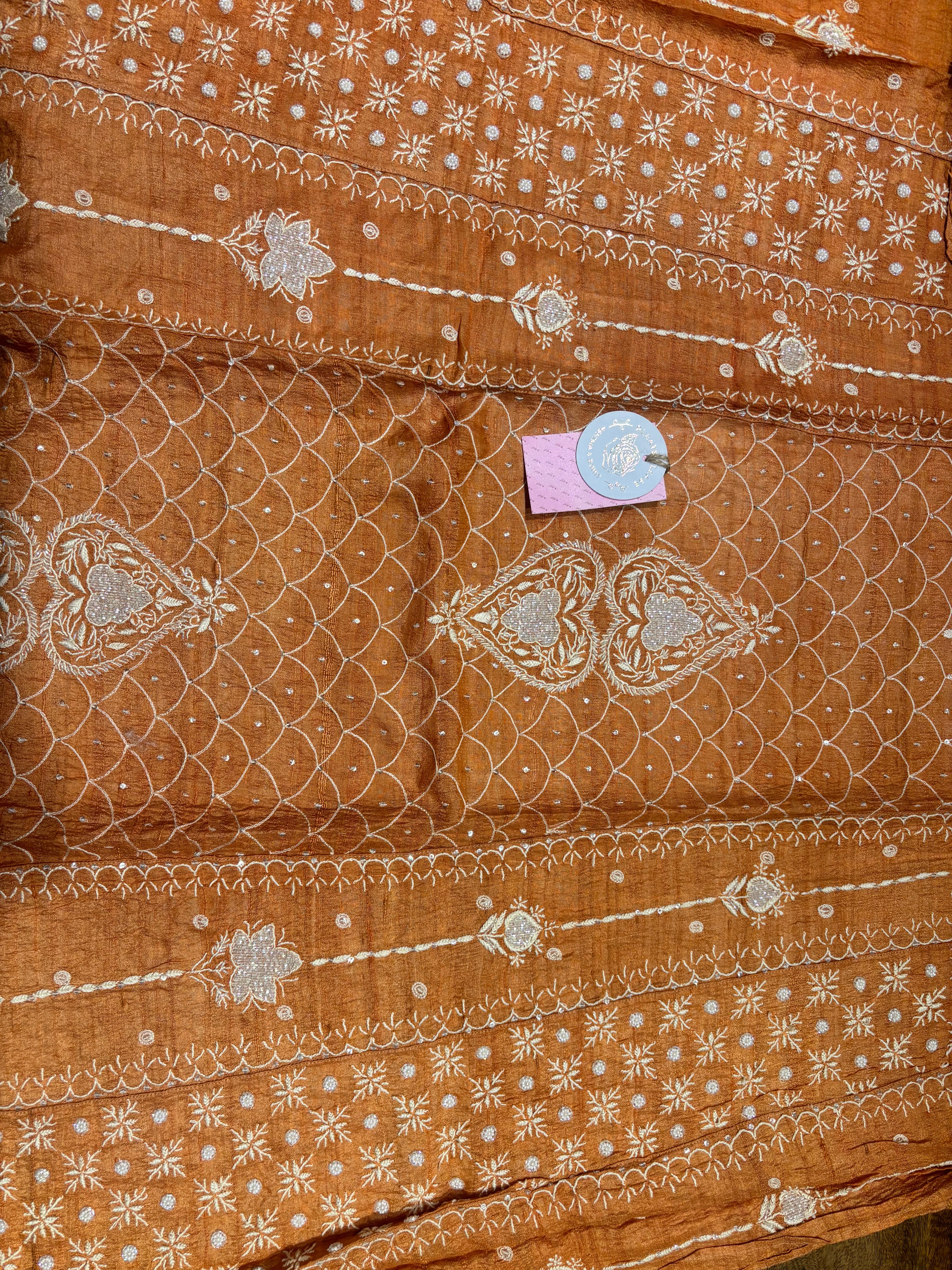 Burnt Orange Pure & Premium Tussar Silk Chikankari Anarkali & Dupatta Set