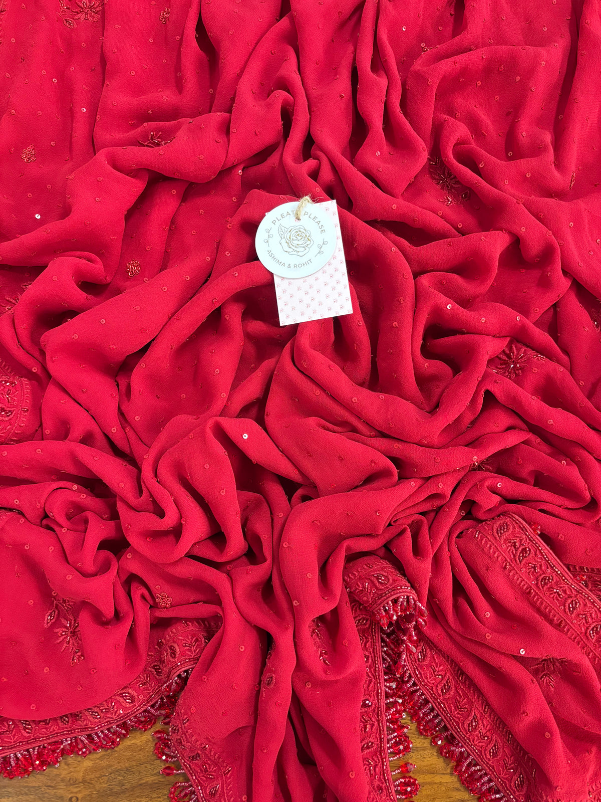Deep Red Pure & Premium Georgette Chikankari Kurta, Dupatta With Bottom