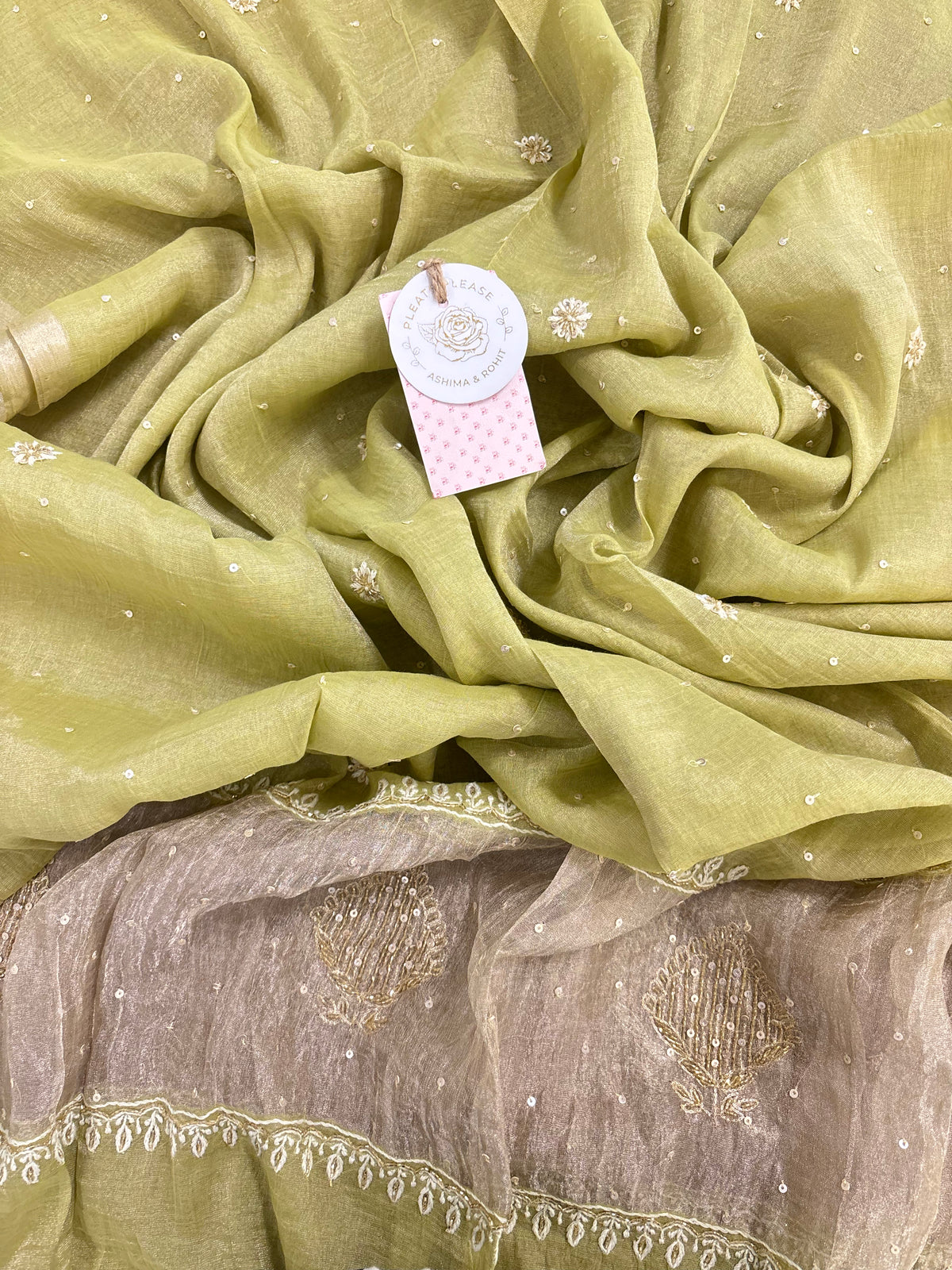 Warm Green Pure & Premium Tissue Pearl Neckline Chikankari Kurta & Dupatta