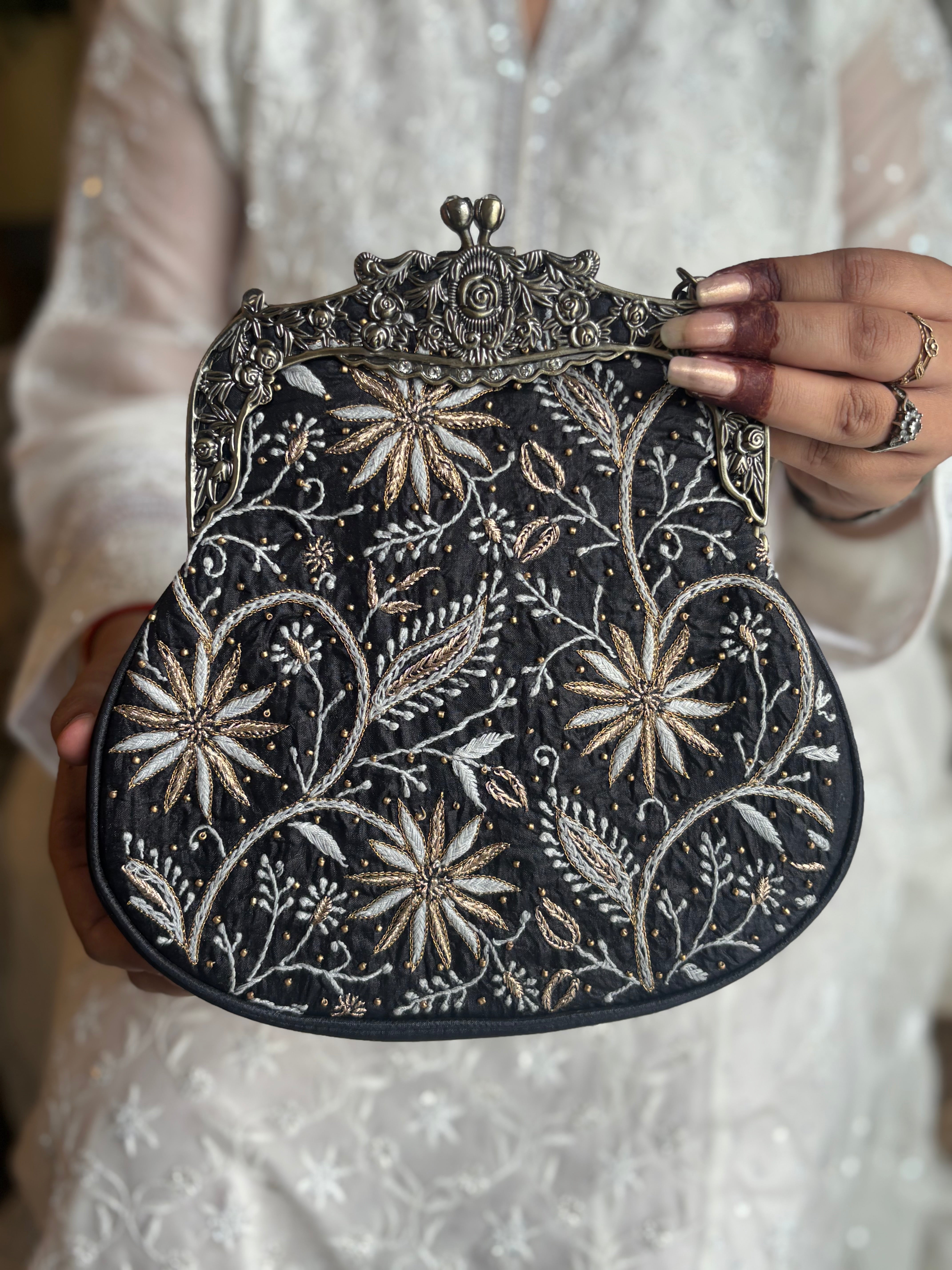Black Silk Chikankari Clutch