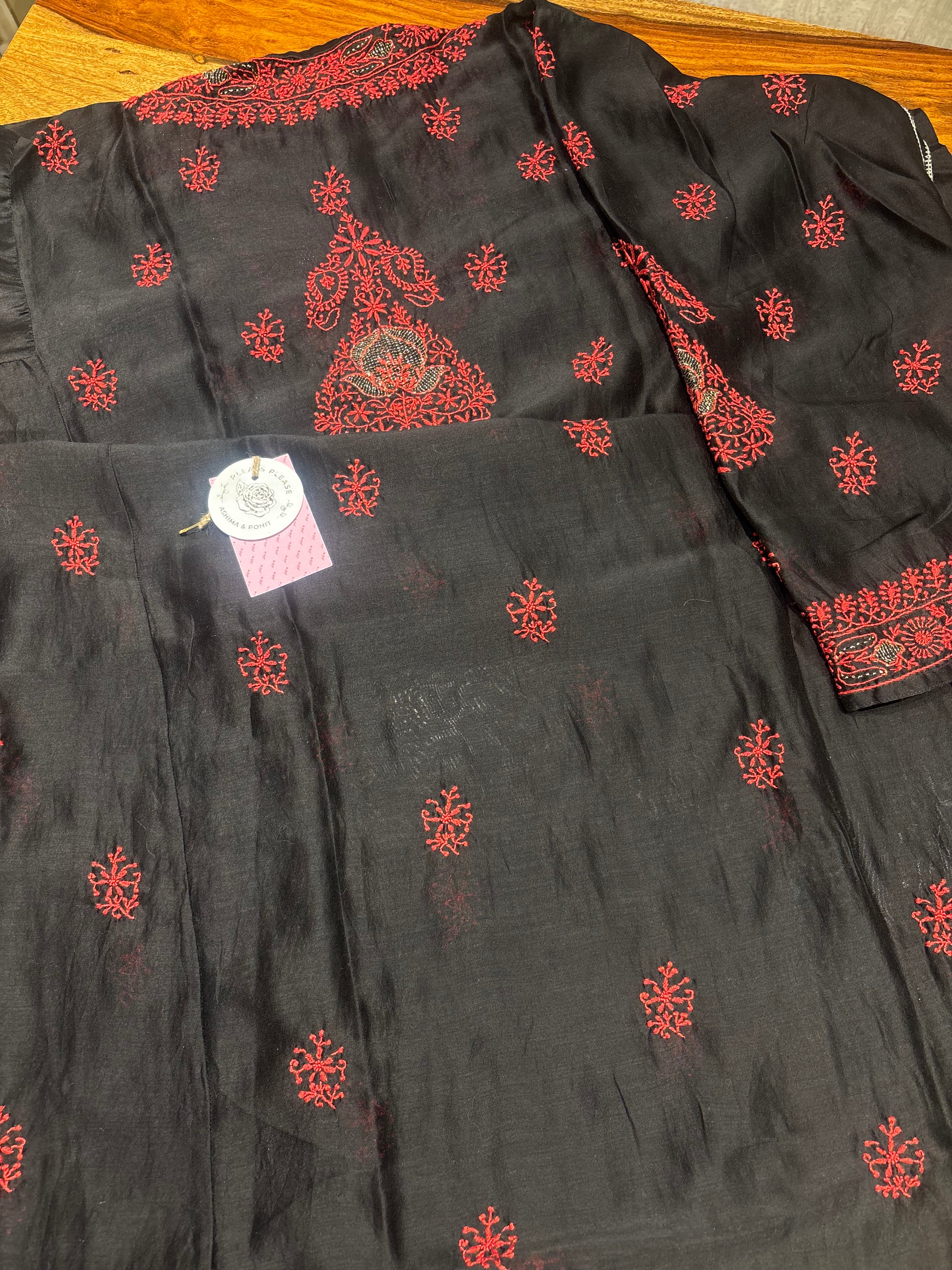 Black Chanderi Silk Chikankari Kurta Choga