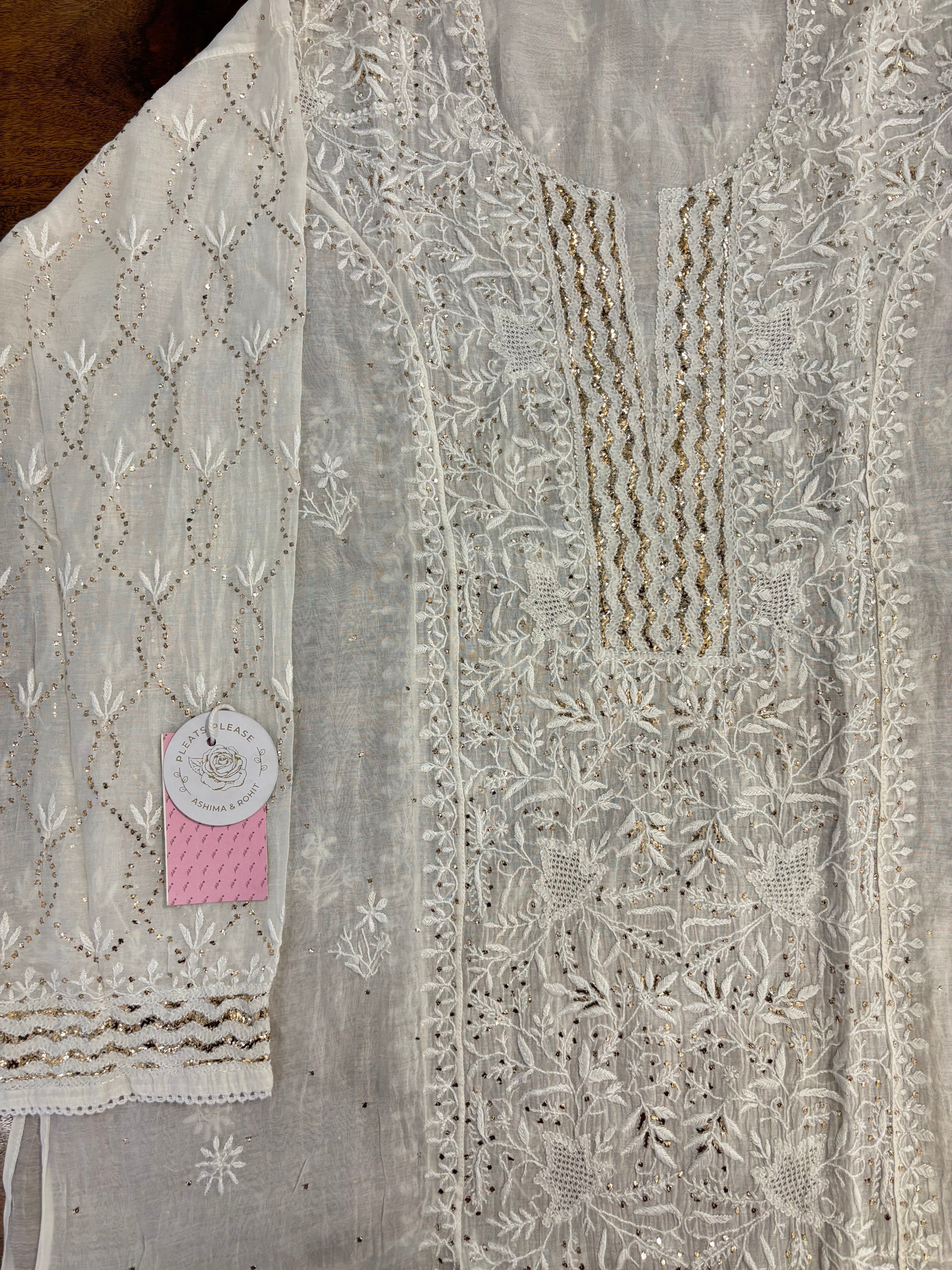 Dyeable Chanderi Chikankari Mukaish Kurta & Dupatta - Pleats PleaseChikankari