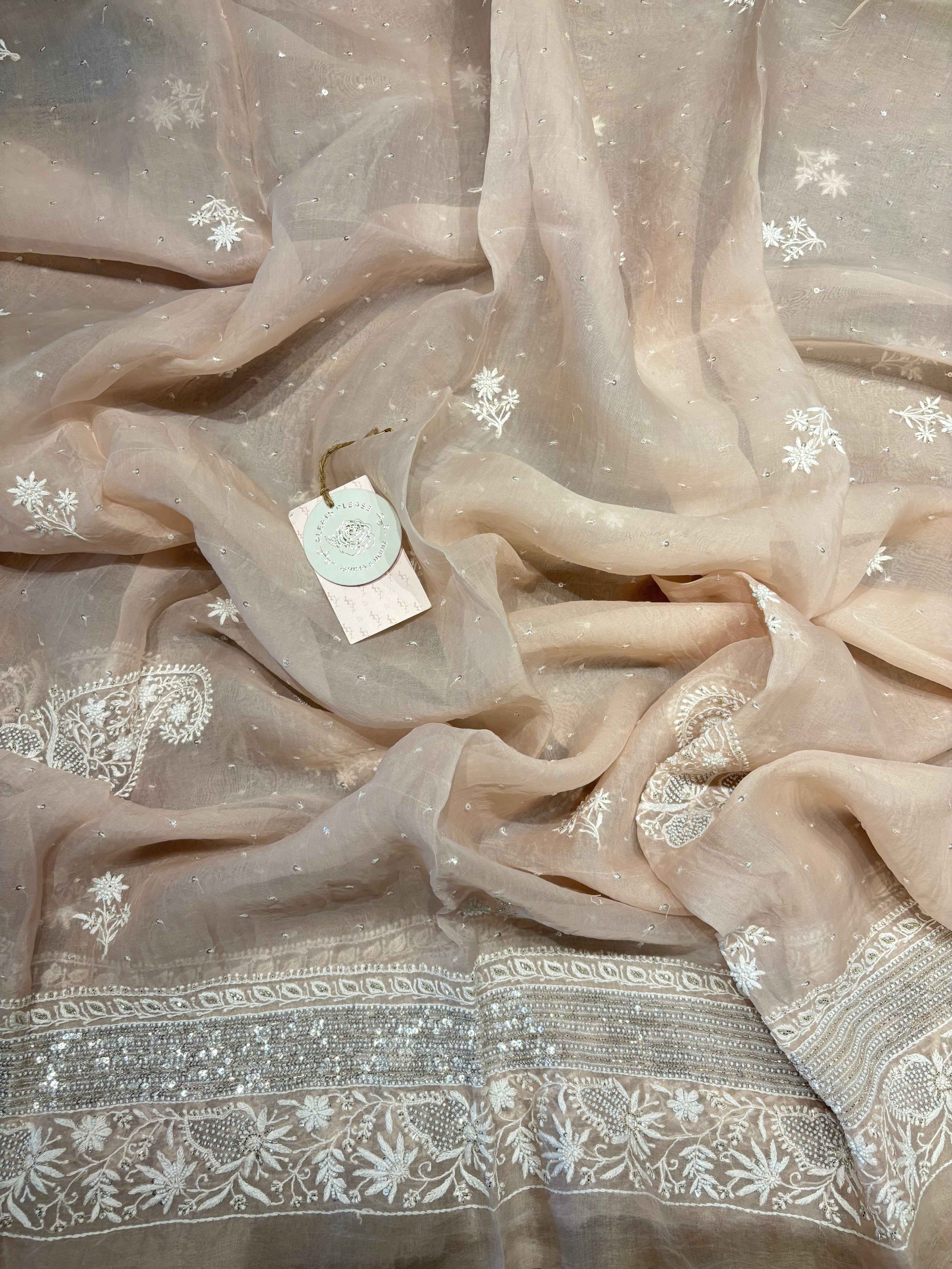 Peach Dust Pure And Premium Organza Anarkali And Dupatta Set - Pleats PleaseChikankari