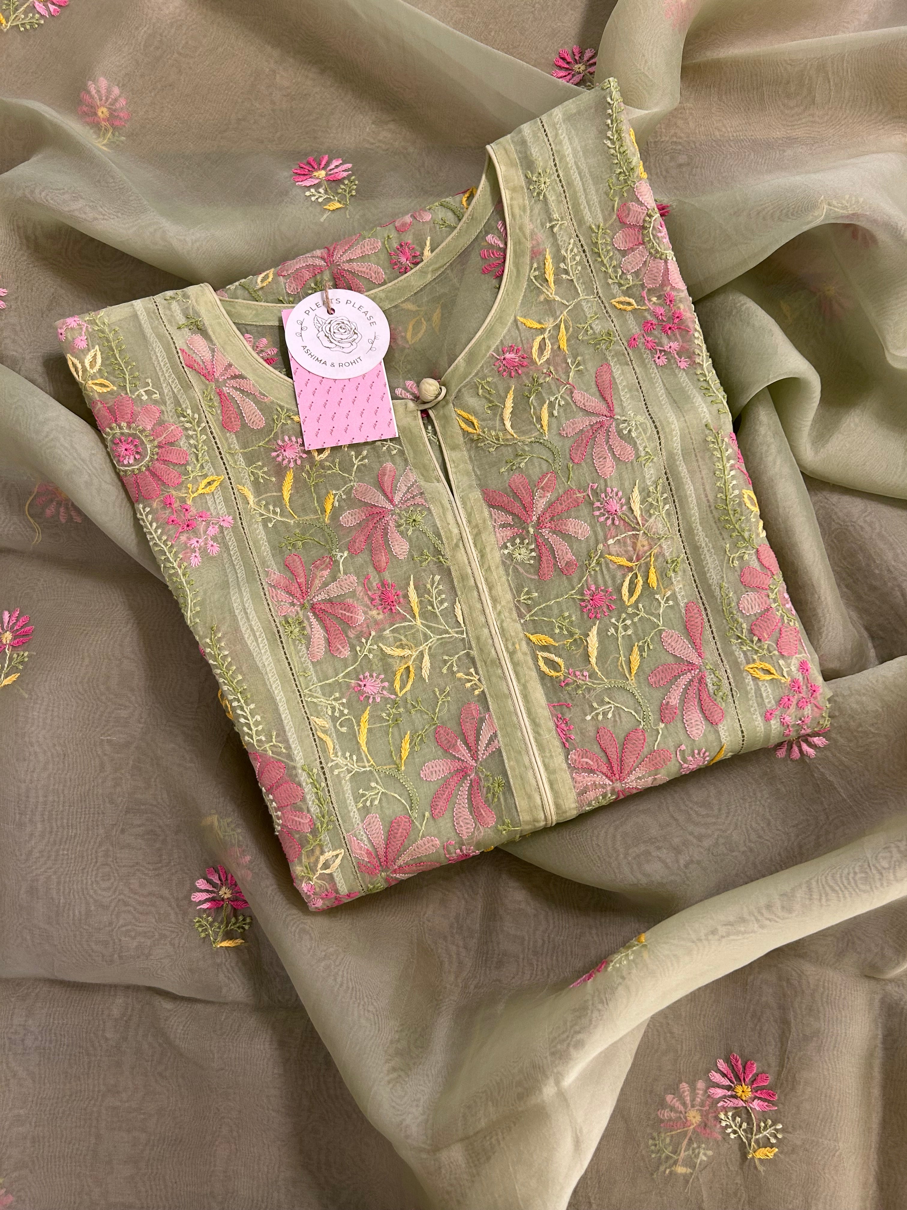 Sage Mist Pure Organza Chikankari Kurta & Dupatta