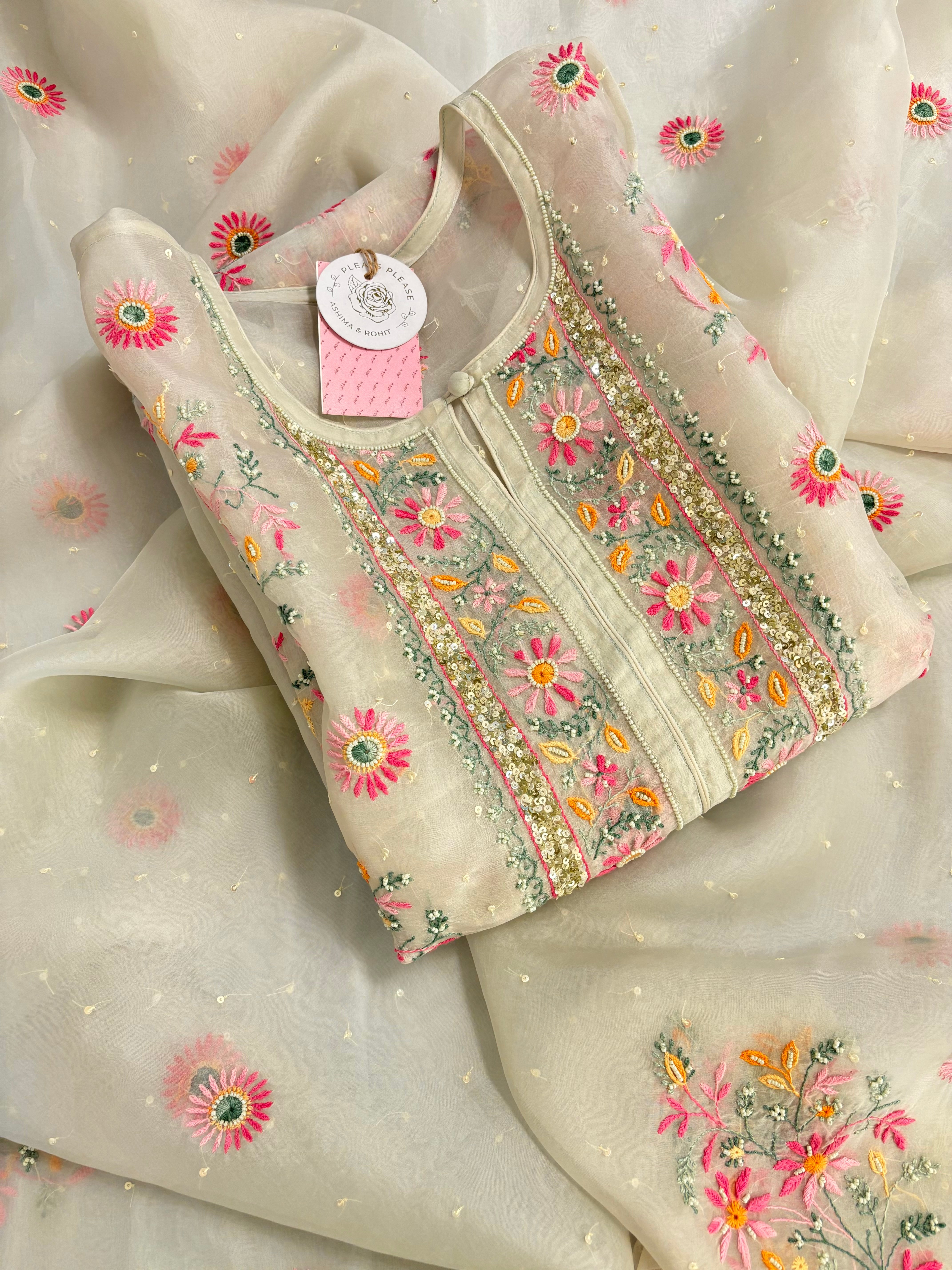 Ivory Cream Pure Organza Chikankari Kurta & Dupatta