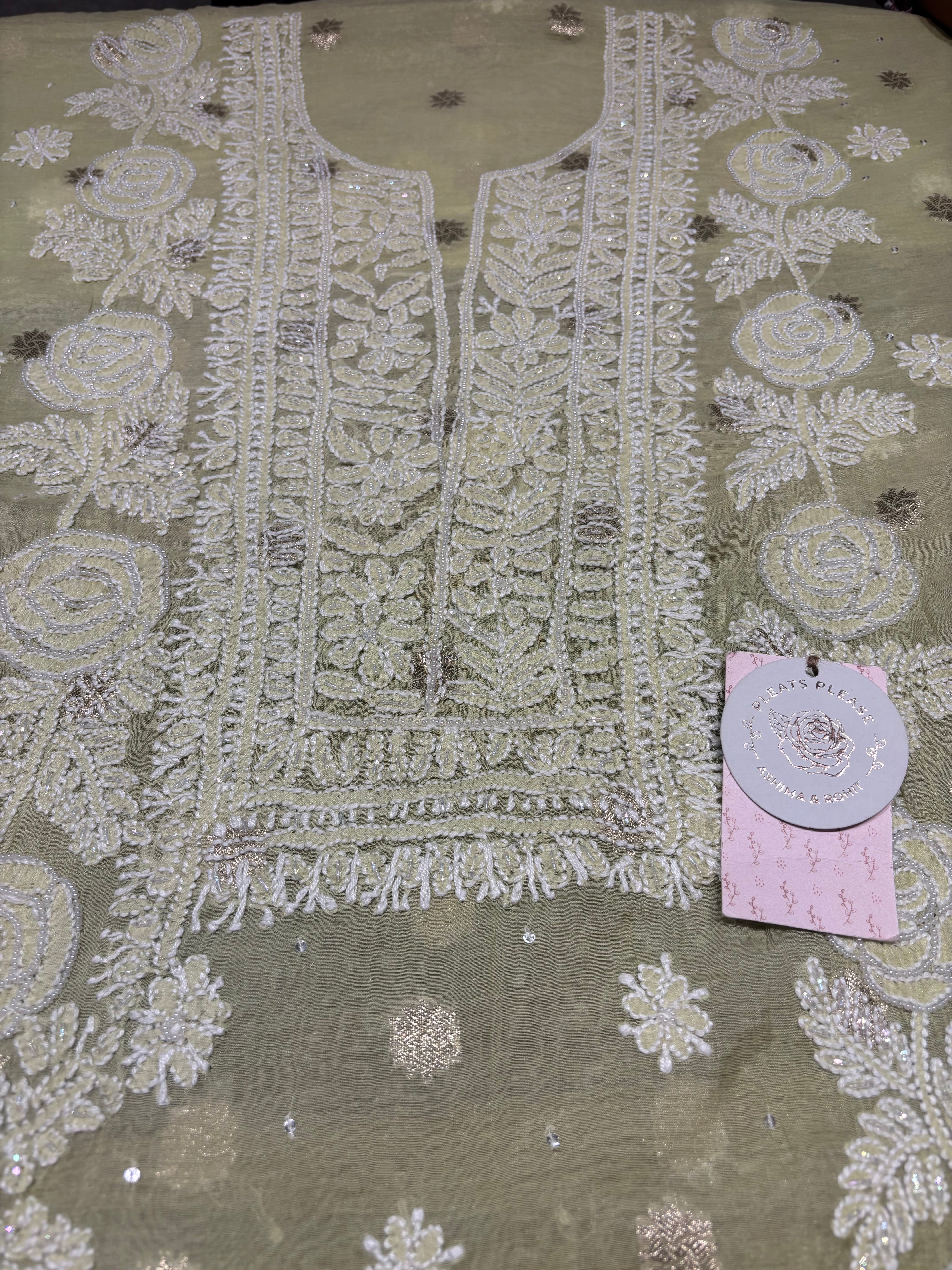 Pistachio Green Chanderi Silk Chikankari Kurta & Dupatta Fabric