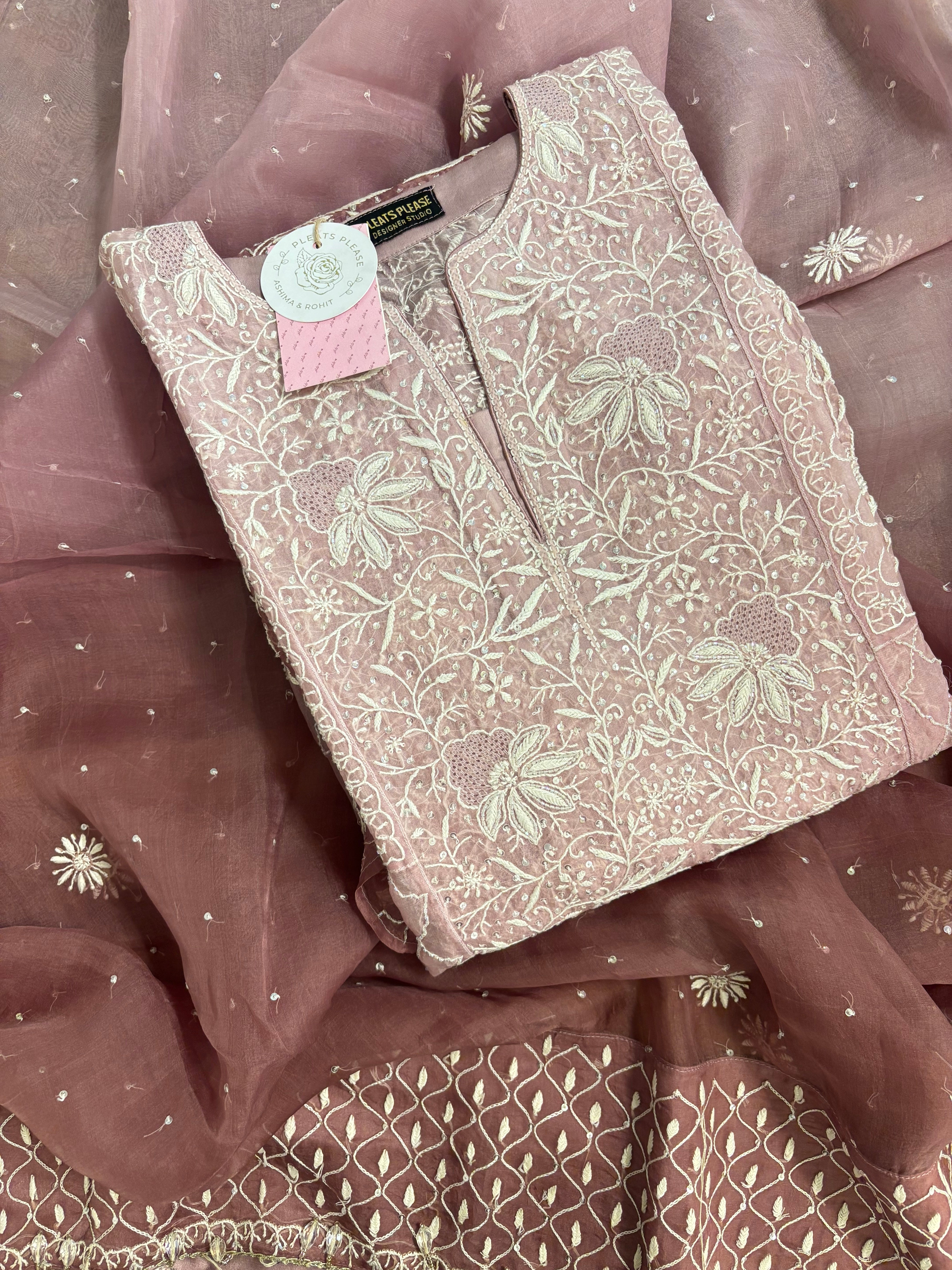 Garnet Ombré Pure Organza Chikankari Anarkali & Dupatta Set