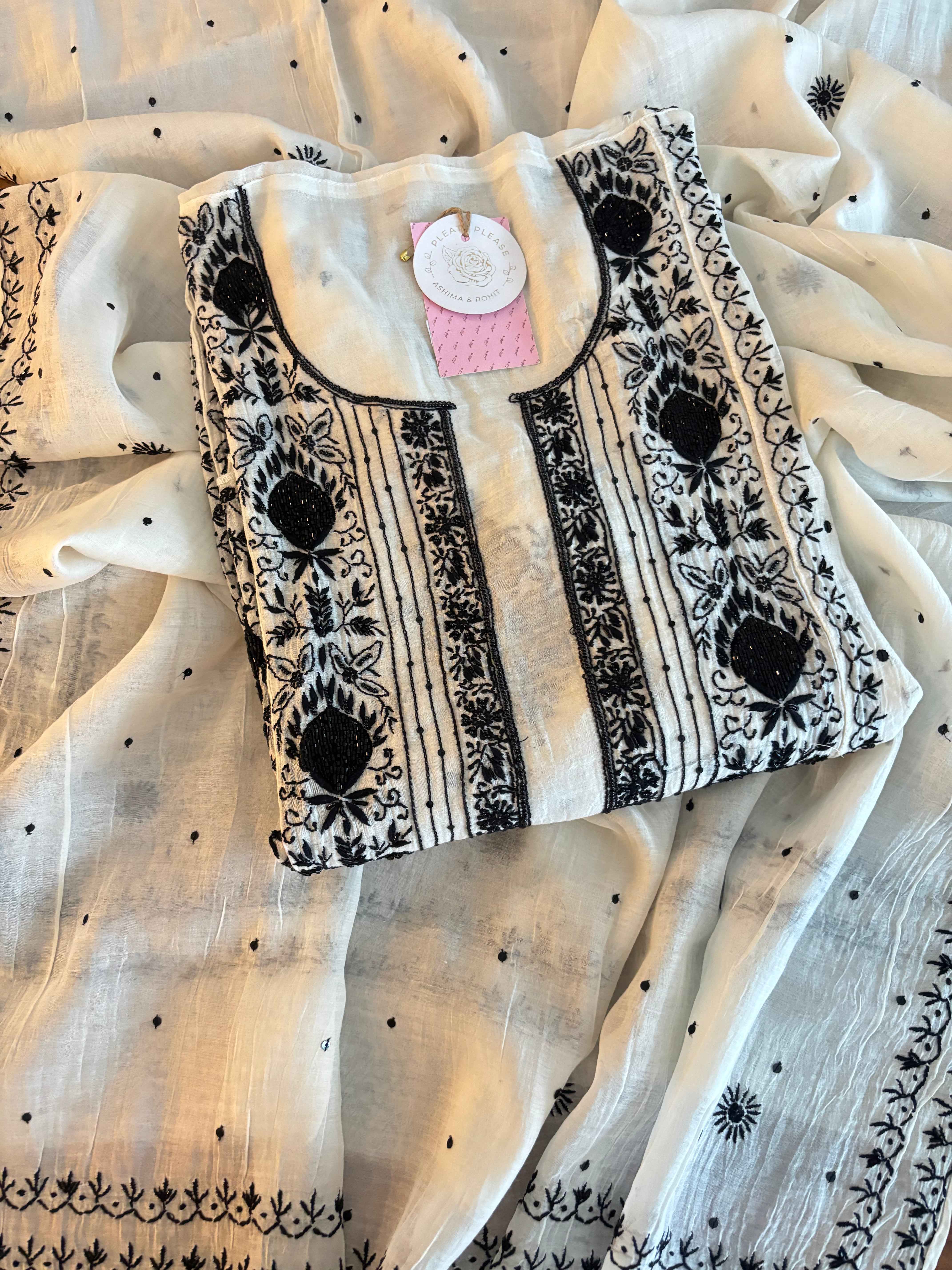 Dyeable Black & White Chanderi Chikankari Kurta & Dupatta