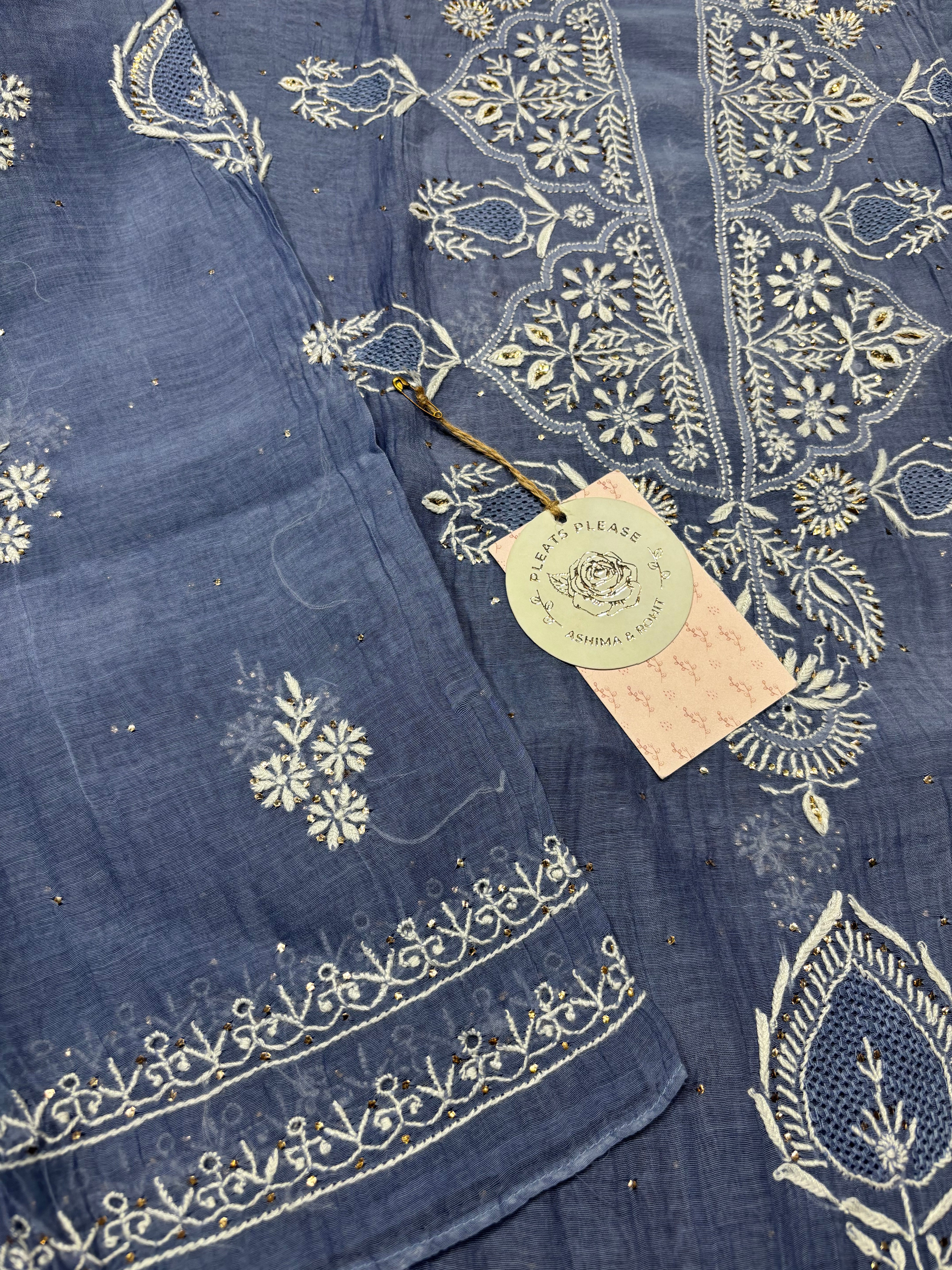 Blue Chanderi Mul Chikankari & Mukaish Kurta and Dupatta set