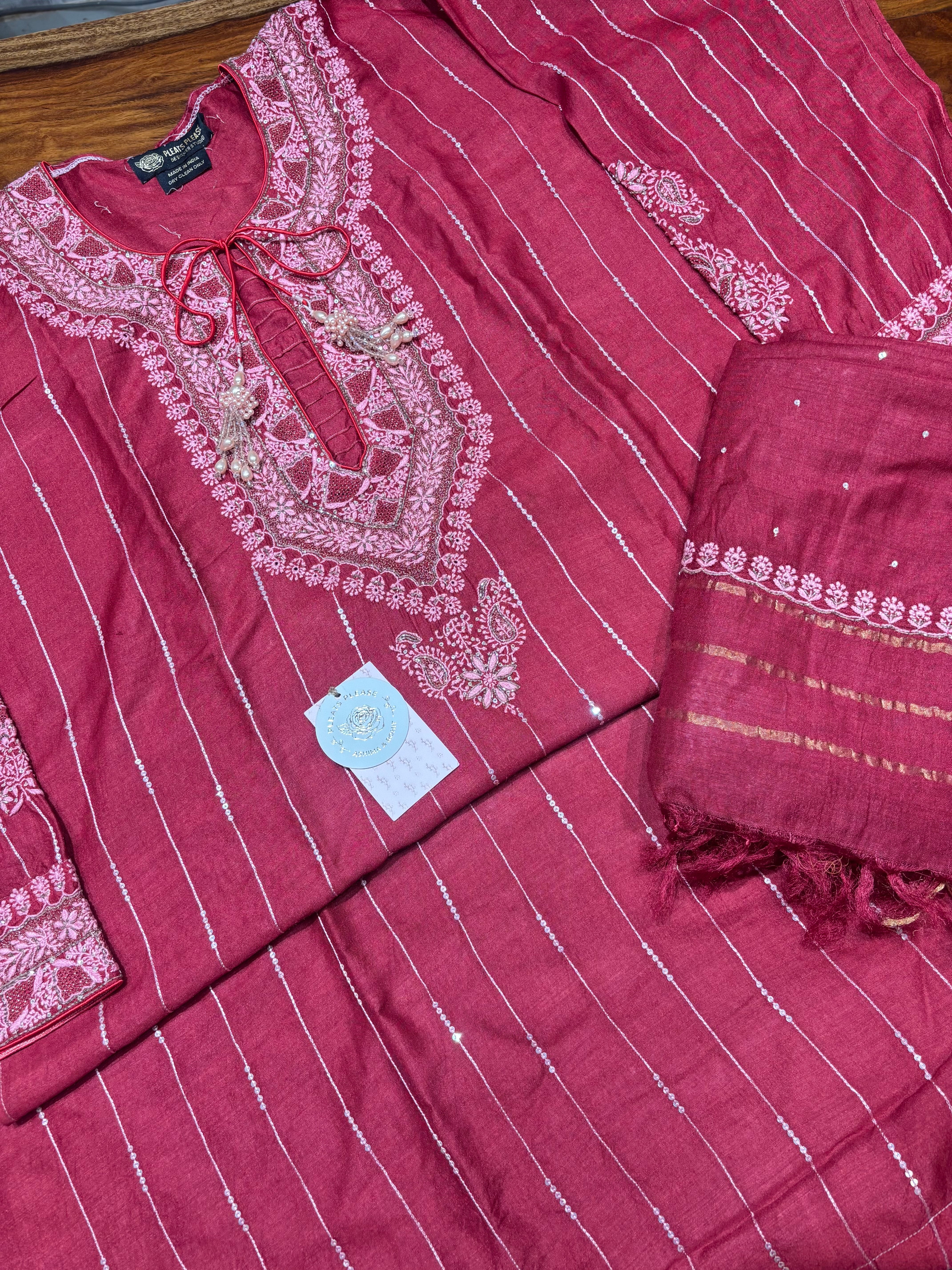 Red Monga Silk Chikankari Kurta & Dupatta Set