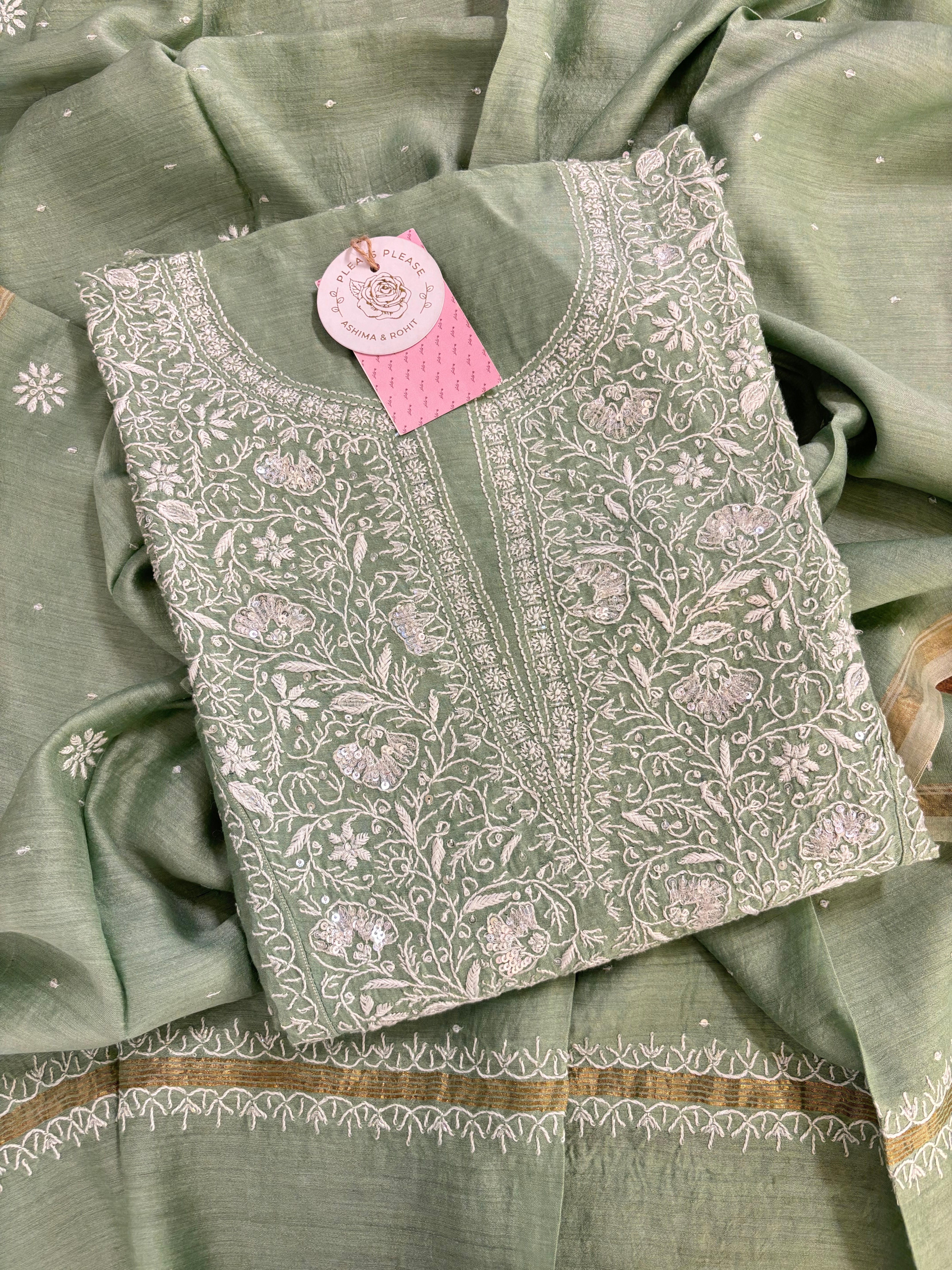 Sage Green Monga Silk Chikankari Kurta & Dupatta