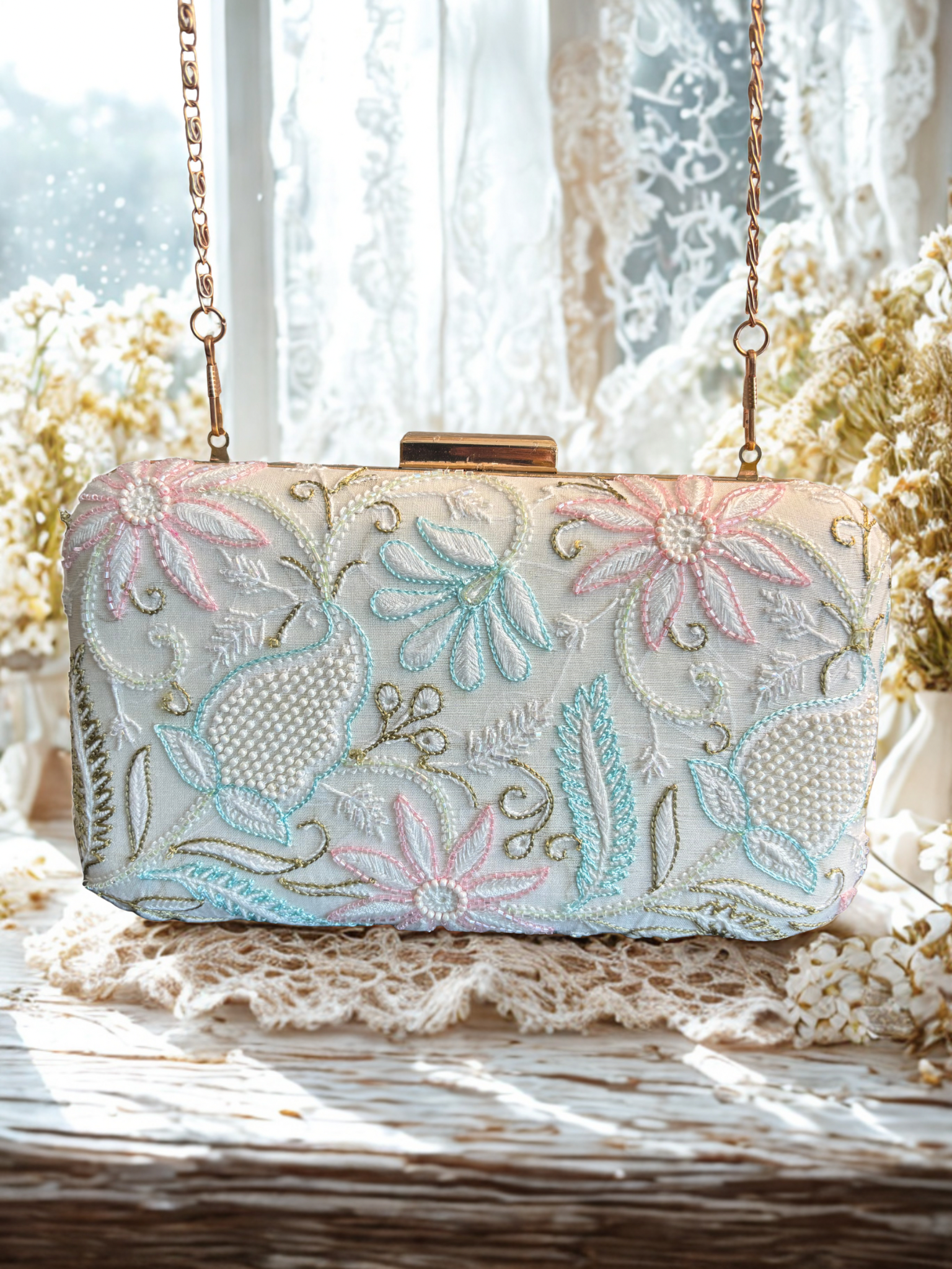 Off White Chikankari Clutch