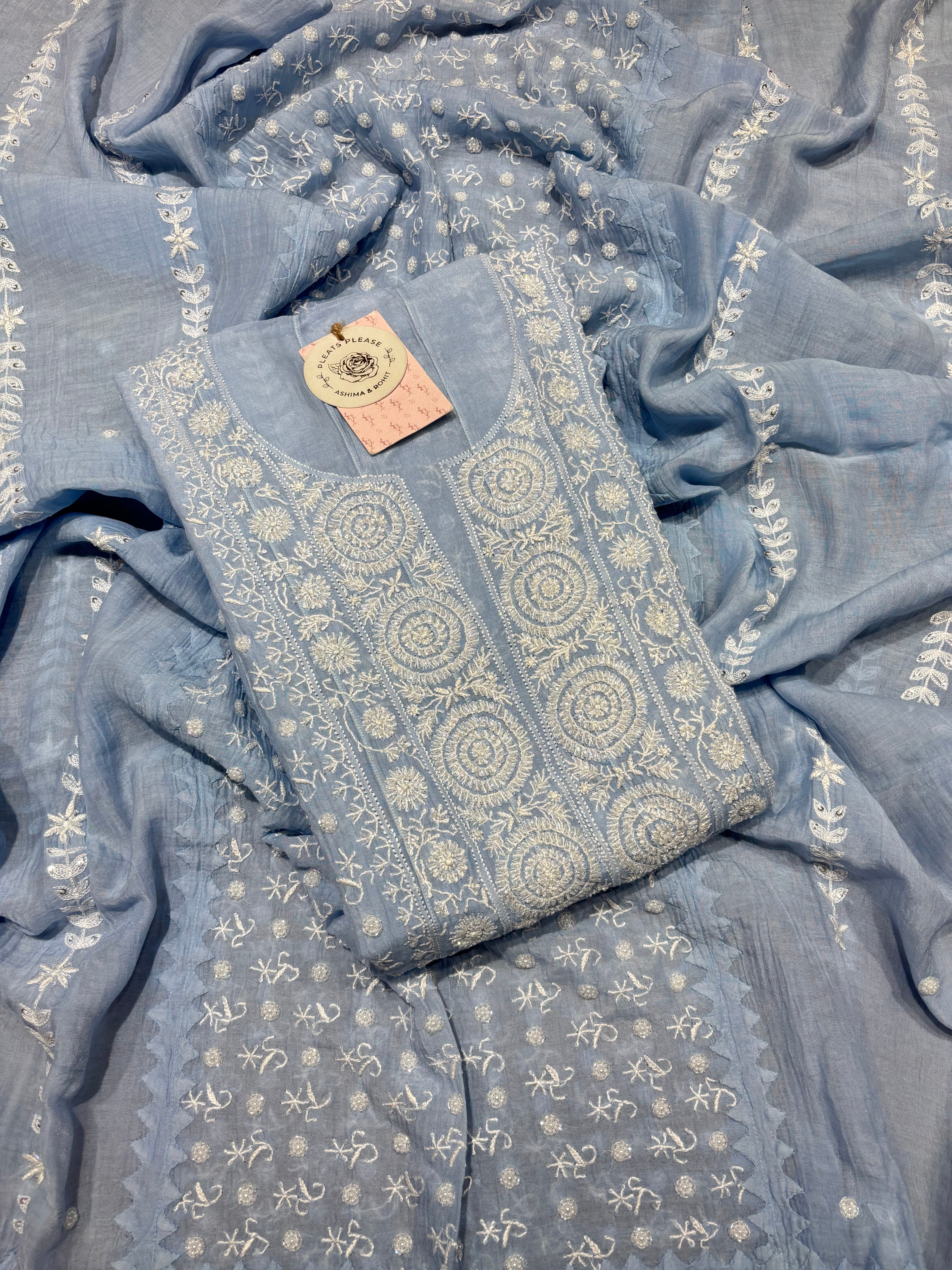 Powder Blue Chanderi Mul Chikankari Anarkali & Dupatta Set