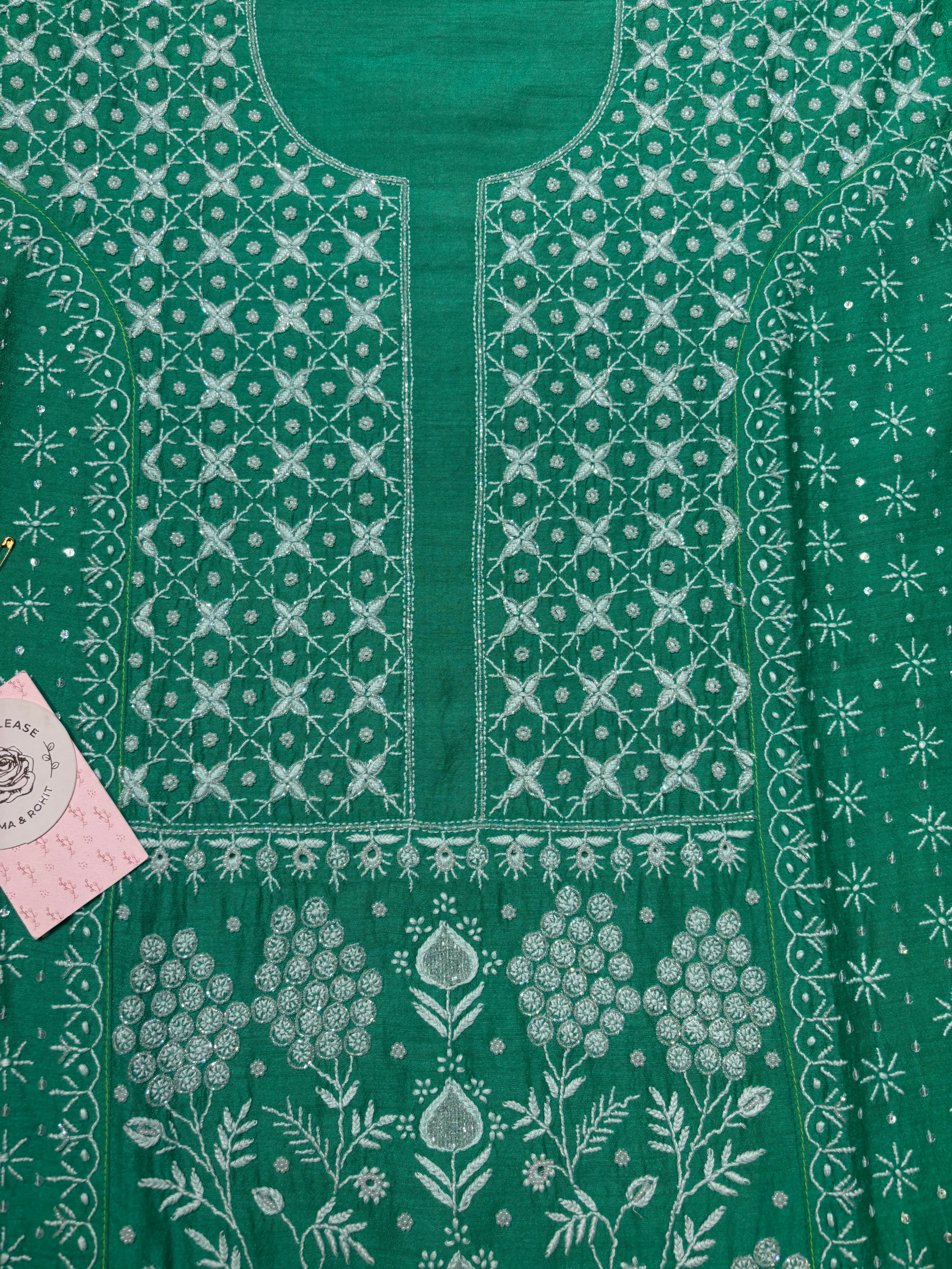 Green Monga silk Chikankari Kurta and Dupatta set