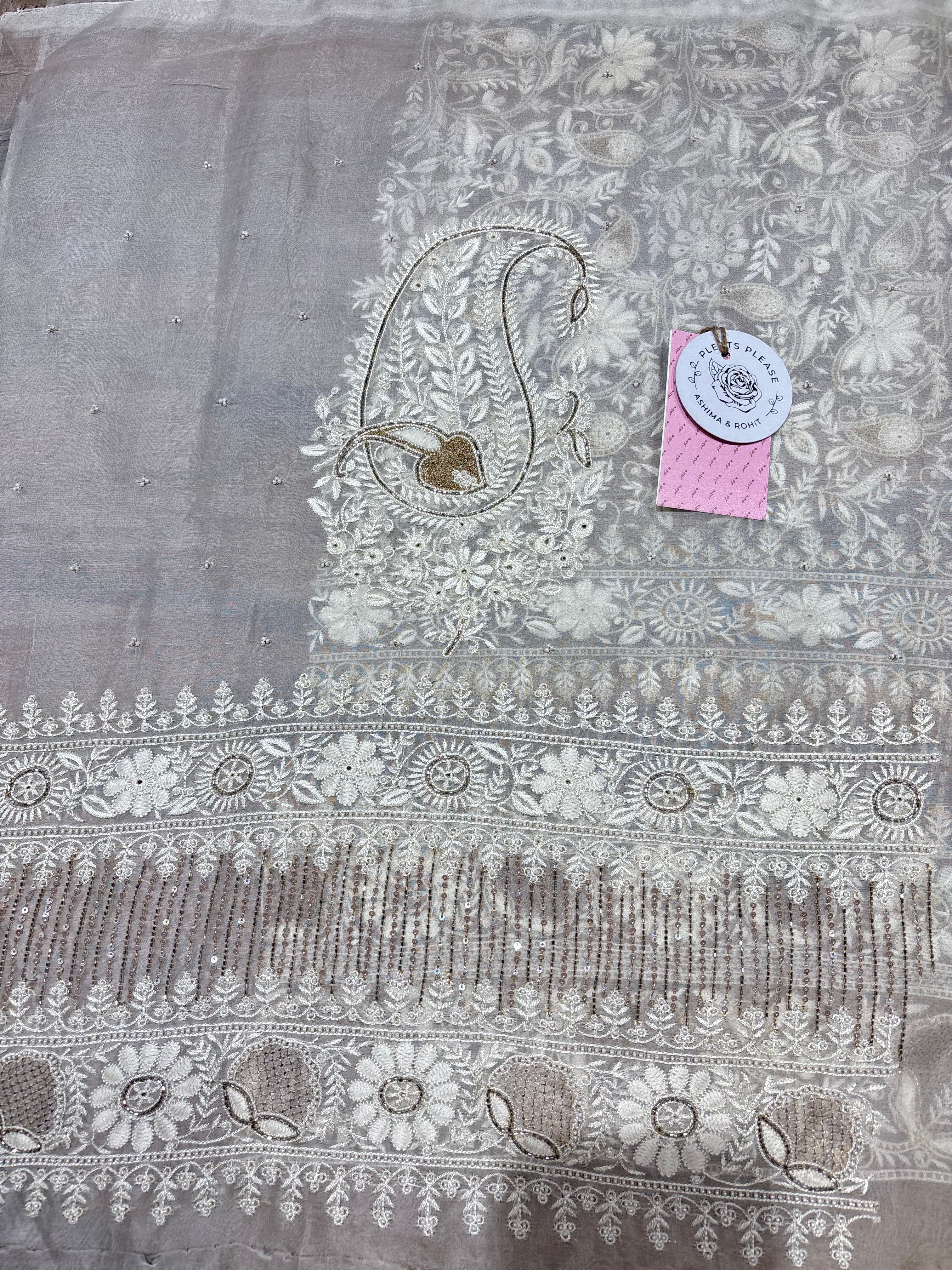 Ivory Pure & Premium Organza Silk Chikankari Kurta & Dupatta Fabric